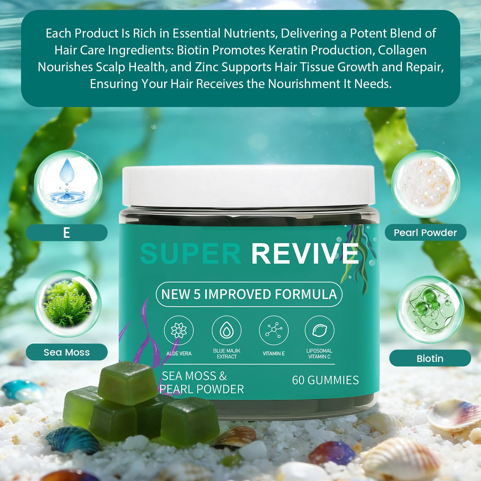 caicieter Super Revive Gummies for Hair Loss - Sea Moss Gummies with Vitamin C, E, Aloe Vera & Pearl Powder Glow, Promotes Thicker, Fuller & Stronger Hair - 60 Count caicieterAu supplements