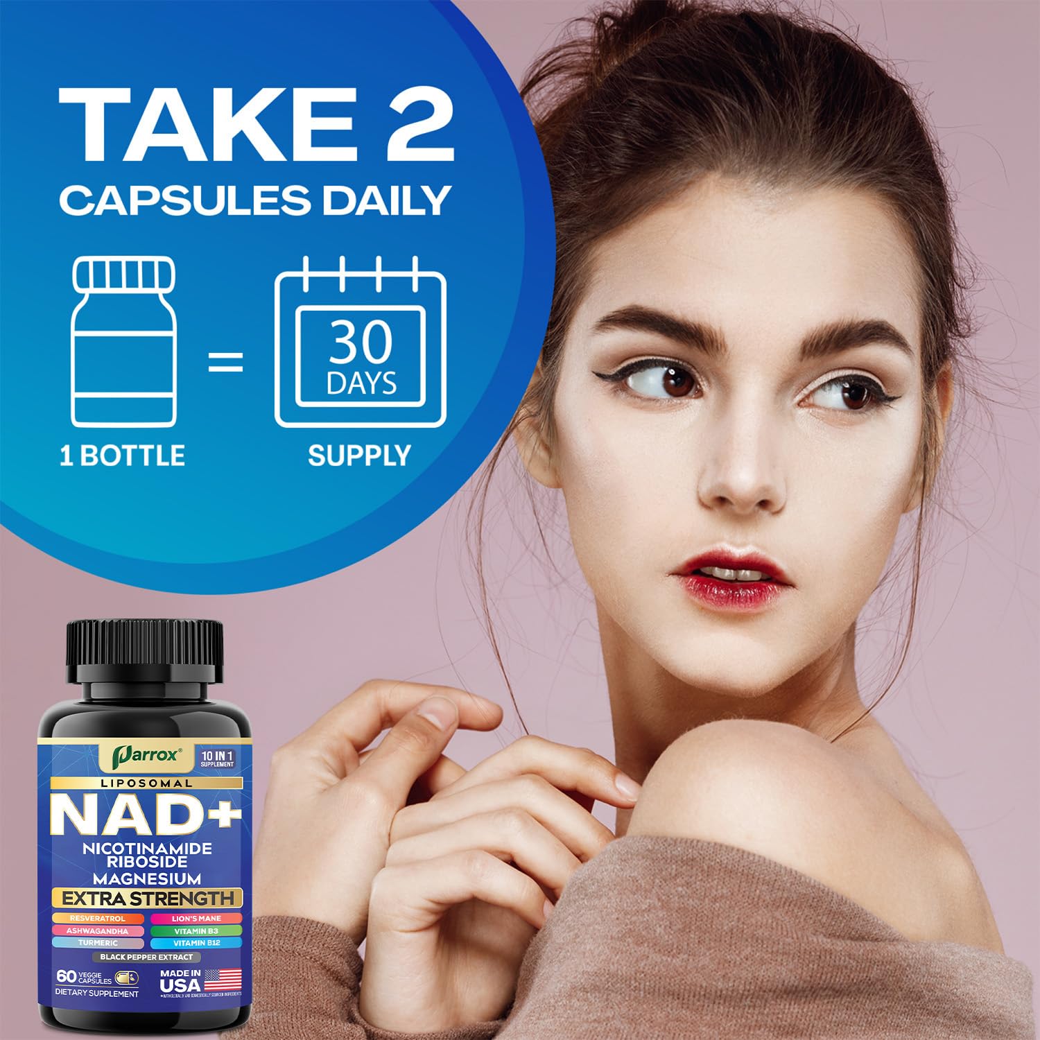 Parrox NAD+ Supplement with Liposomal NAD+, Nicotinamide Riboside, Magnesium, Vitamin B3 & B12, Resveratrol, Turmeric, Ashwagandha, Lion’s Mane,10-in-1 Extra Strength ParroxAu supplements