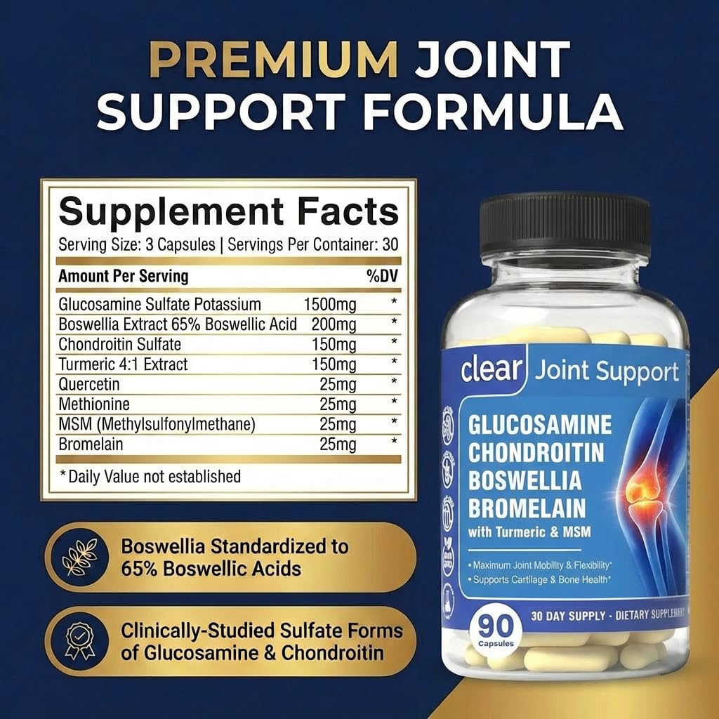 Clear Joint Support - 1500mg Glucosamine Chondroitin MSM - 8 in 1 Joint Health Supplement with Turmeric and Boswellia for Men & Women, Knee, Hip & Back Support, Made in USA, 90 Capsules Clear ProbioticsAu supplements