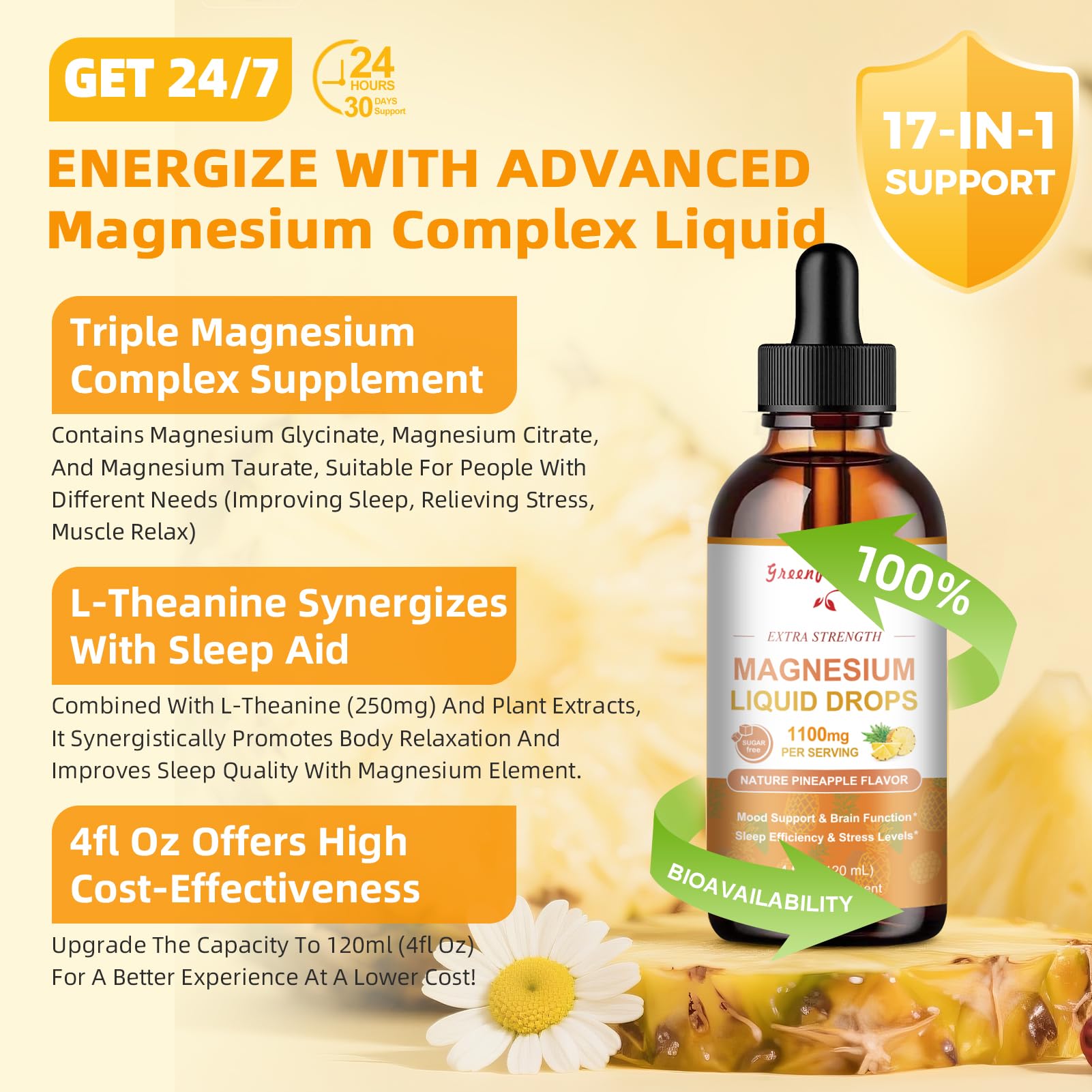 GREENPEOPLE Magnesium Glycinate Liquid Drop - 17-in-1 4Fl. Oz Triple Magnesium Complex Supplement with Glycinate 400mg & Citrate 500mg Taurate/L-Theanine for Calm Mood/Muscle/Sleep,Pineapple Flavor GREENPEOPLEAu supplements