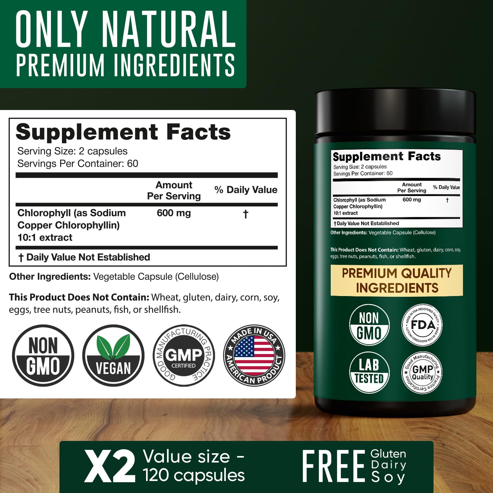 Chlorophyll Capsules 600 mg - Natural Chlorophyll Pills for Women & Men - Highly BioAvailable Alpha FlowAu supplements