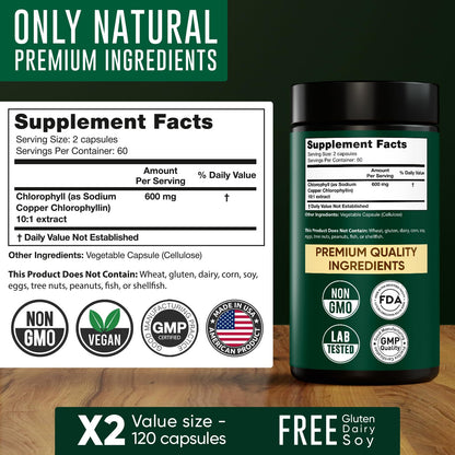 Chlorophyll Capsules 600 mg - Natural Chlorophyll Pills for Women & Men - Highly BioAvailable Alpha FlowUS supplements