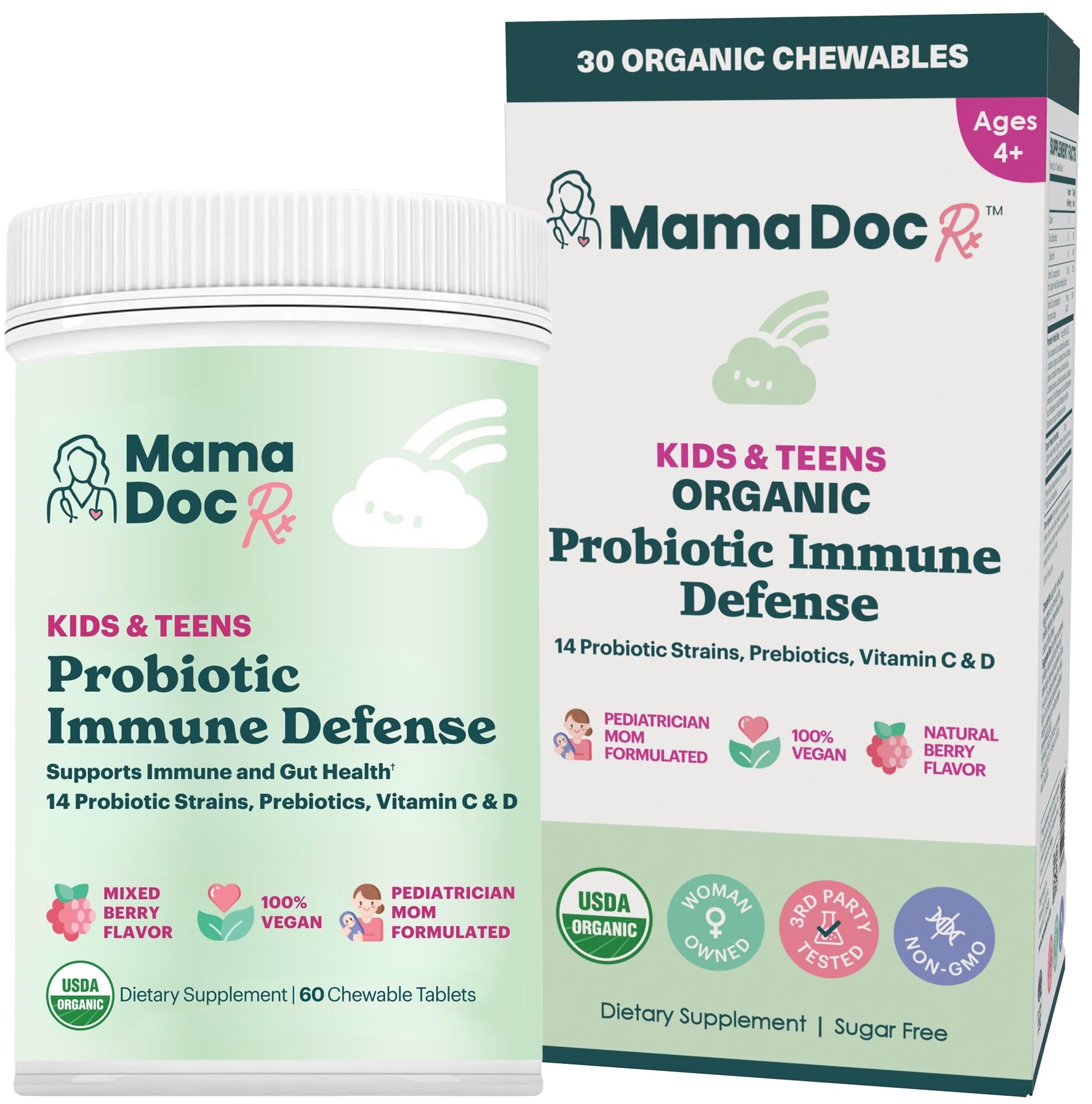 MamaDoc Rx Certified Organic Kids & Teens Probiotic Immune Defense - 5 Billion CFUs | Sugar Free, Vegan, Gluten-Free | 14 Probiotic Strains, Prebiotics, Vitamin C & D | 30 Chewable Tablets, Ages 4+ MamaDoc RxAu supplements