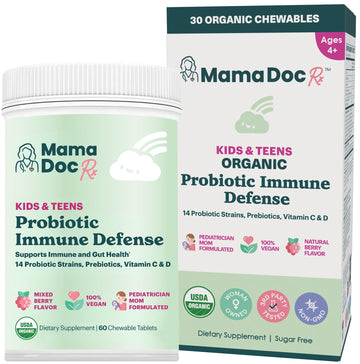MamaDoc Rx Certified Organic Kids & Teens Probiotic Immune Defense - 5 Billion CFUs | Sugar Free, Vegan, Gluten-Free | 14 Probiotic Strains, Prebiotics, Vitamin C & D | 30 Chewable Tablets, Ages 4+ MamaDoc RxAu supplements
