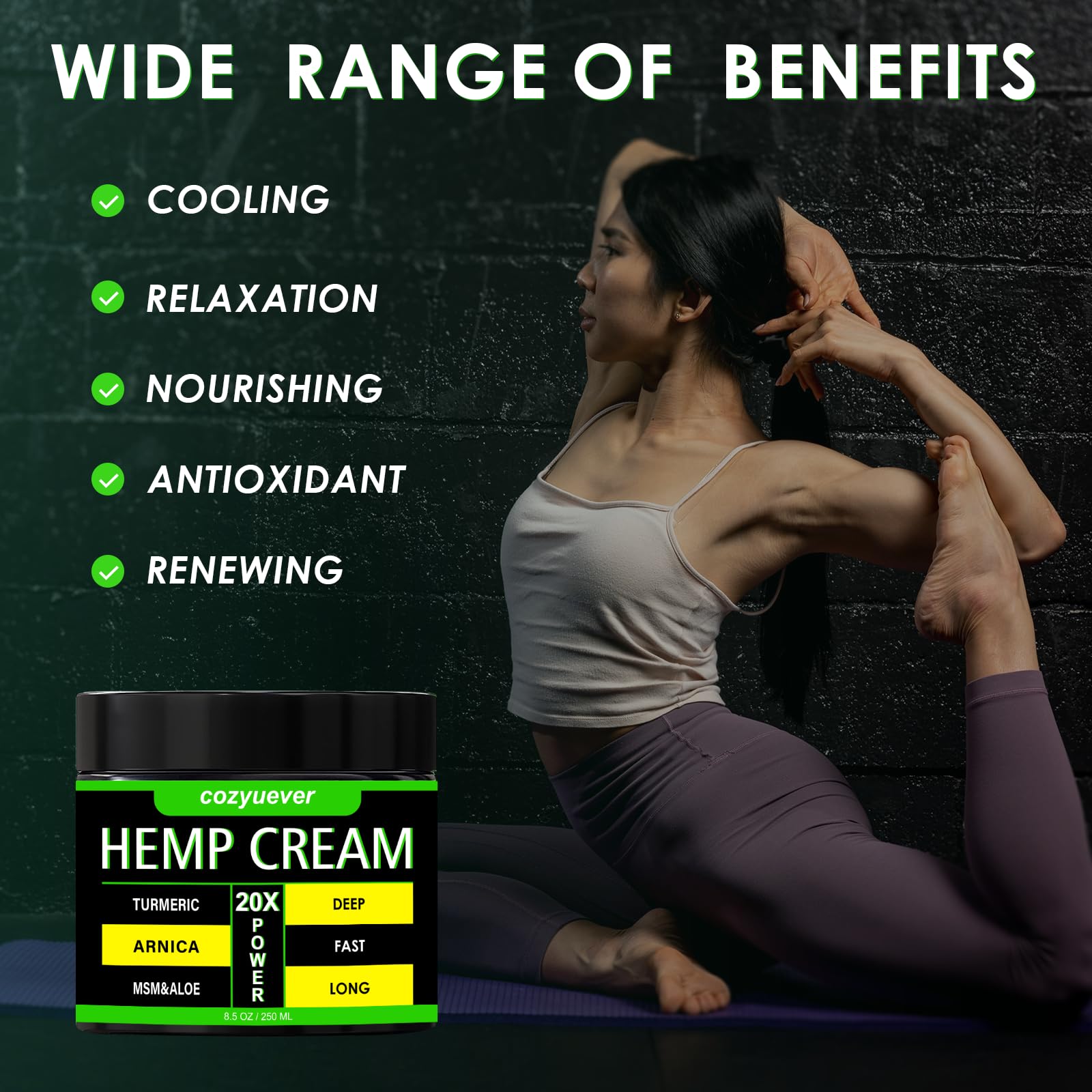 cozyuever 8.5 Oz Hemp Cream with Arnica, Menthol, Aloe, Emu Oil, Turmeric cozyueverAu supplements