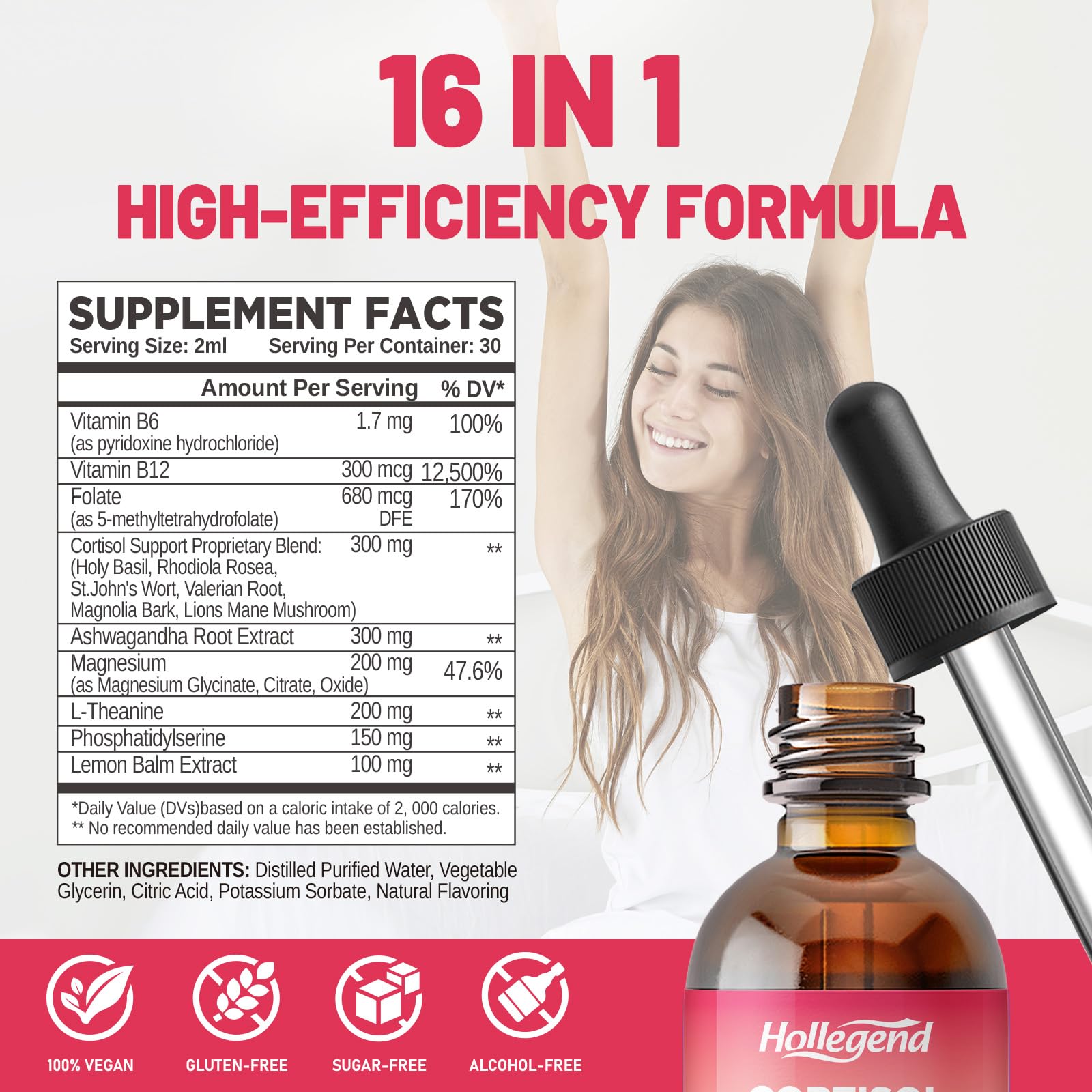 HOLLEGEND Cortisol Supplements for Women, Cortisol Wellness Liquid Drops, 16 in 1 Cortisol Detox Reducer w. Ashwagandha, Magnesium, L-Theanine, Folate for Relaxation & Hormone Balance, Strawberry HOLLEGENDAu supplements