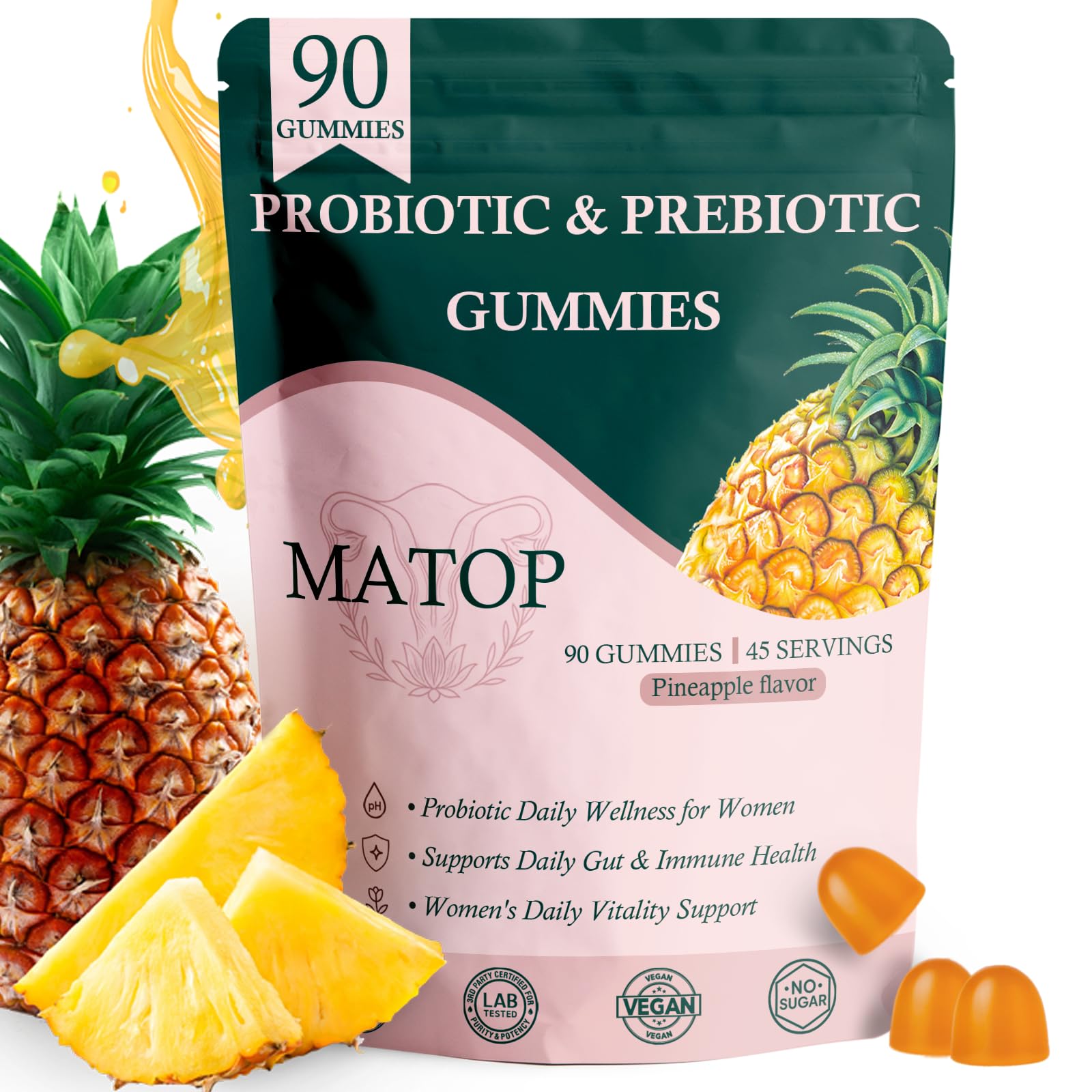 MATOP Probiotic Prebiotic pH Balance Gummies - Vaginal Health Gummies for Women Pro + Prebiotic with Pineapple Flavor, Vegan, Sugar-Free – 90 Gummies (45 Servings) MATOPAu supplements
