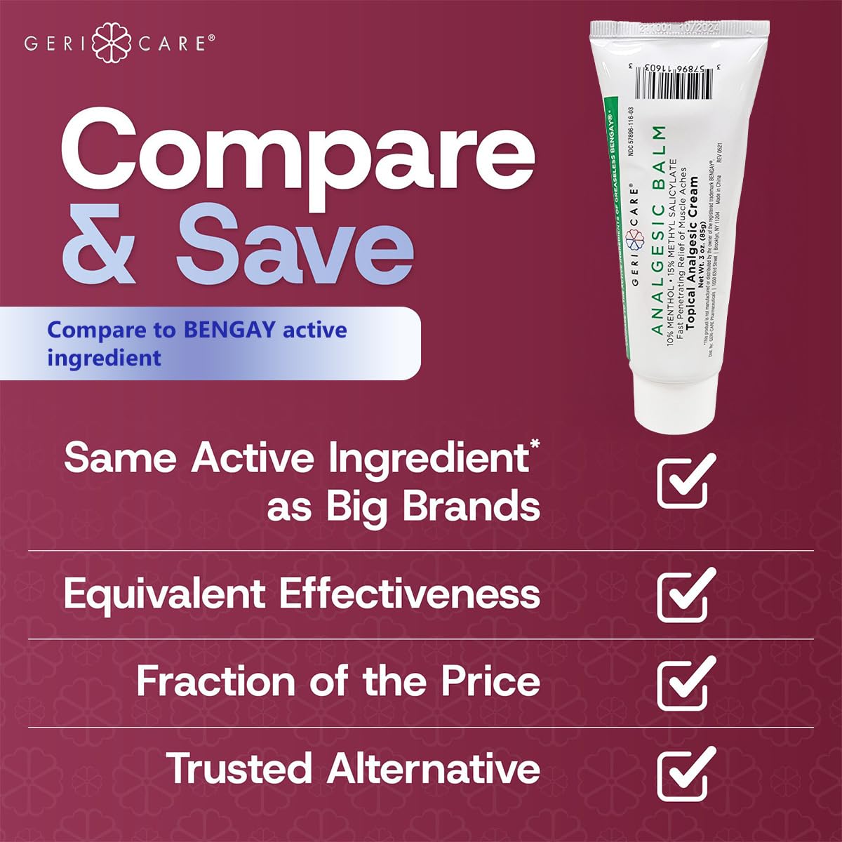 GeriCare Topical Analgesic Cream, Menthol 10%, Methyl Salicylate 15%, Fast Absorption, Pain Relief of Minor Muscle Aches, Body Stiffness, Joint Pain & Soreness, 3 Ounce (Pack of 1) GeriCareAu supplements