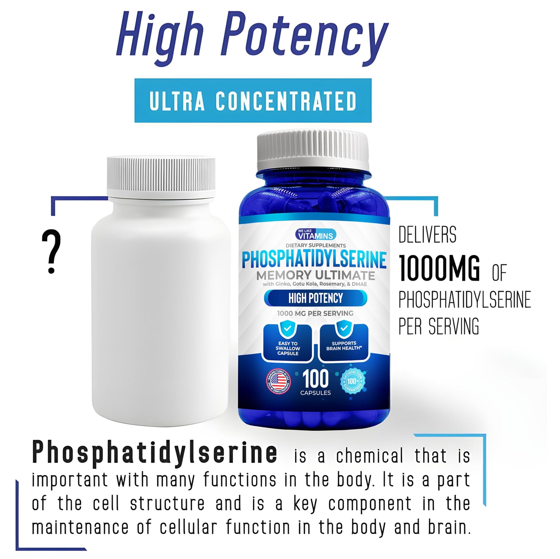 We Like Vitamins Phosphatidylserine Supplement with Gingko Biloba, Gotu Kola, DMAE - Improves Focus, Memory, Cognitive Function - Soy-Free 1000mg Memory Ultimate Complex - 100 Easy-to-Swallow Capsules We Like VitaminsAu supplements