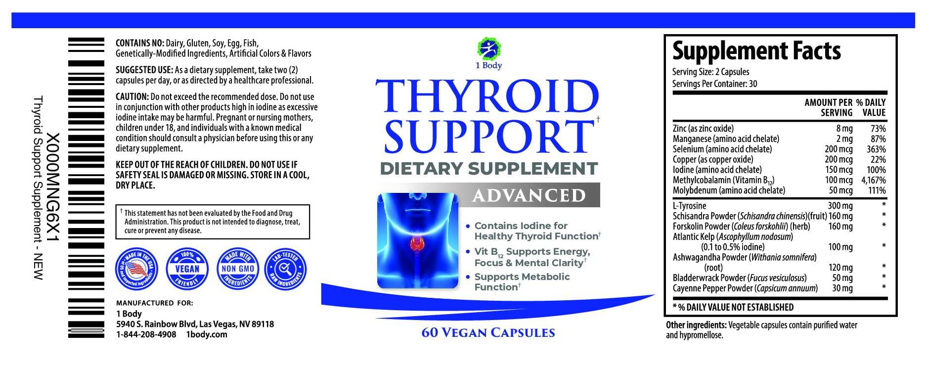 1 Body Thyroid Support Supplement for Women and Men, Selenium with Iodine, Zinc, B12, Ashwagandha and L-Tyrosine, Supports Hormone Health, Energy and Metabolism, 30 Day Supply 1 BodyAu supplements