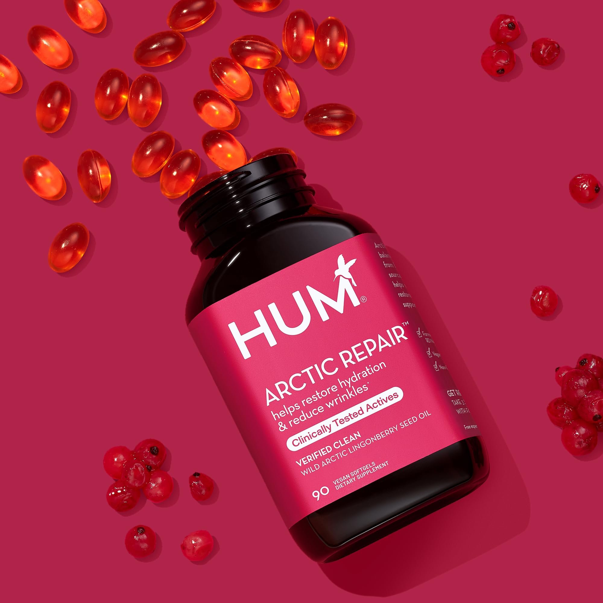 HUM Arctic Repair Clear Skin Supplement with Omega 3, Vitamin E, A, and Lingonberry Seed Oil, Skin Repair with Omega 3 6 9 to Help Support Appearance of Wrinkles & Hydrate, 90 Vegan Softgels HUMUS supplements