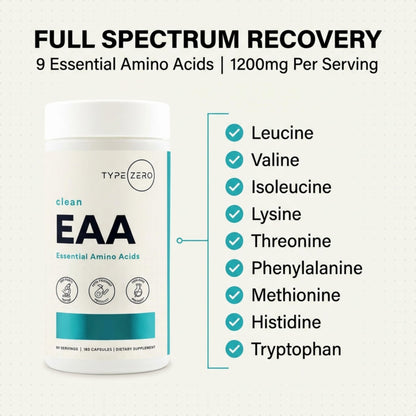Type Zero Clean EAA Capsules (1,200mg per Serving), Essential Amino Acids Supplement with 9 EAAs, 180 Capsules, 90 Servings Type ZeroUS supplements