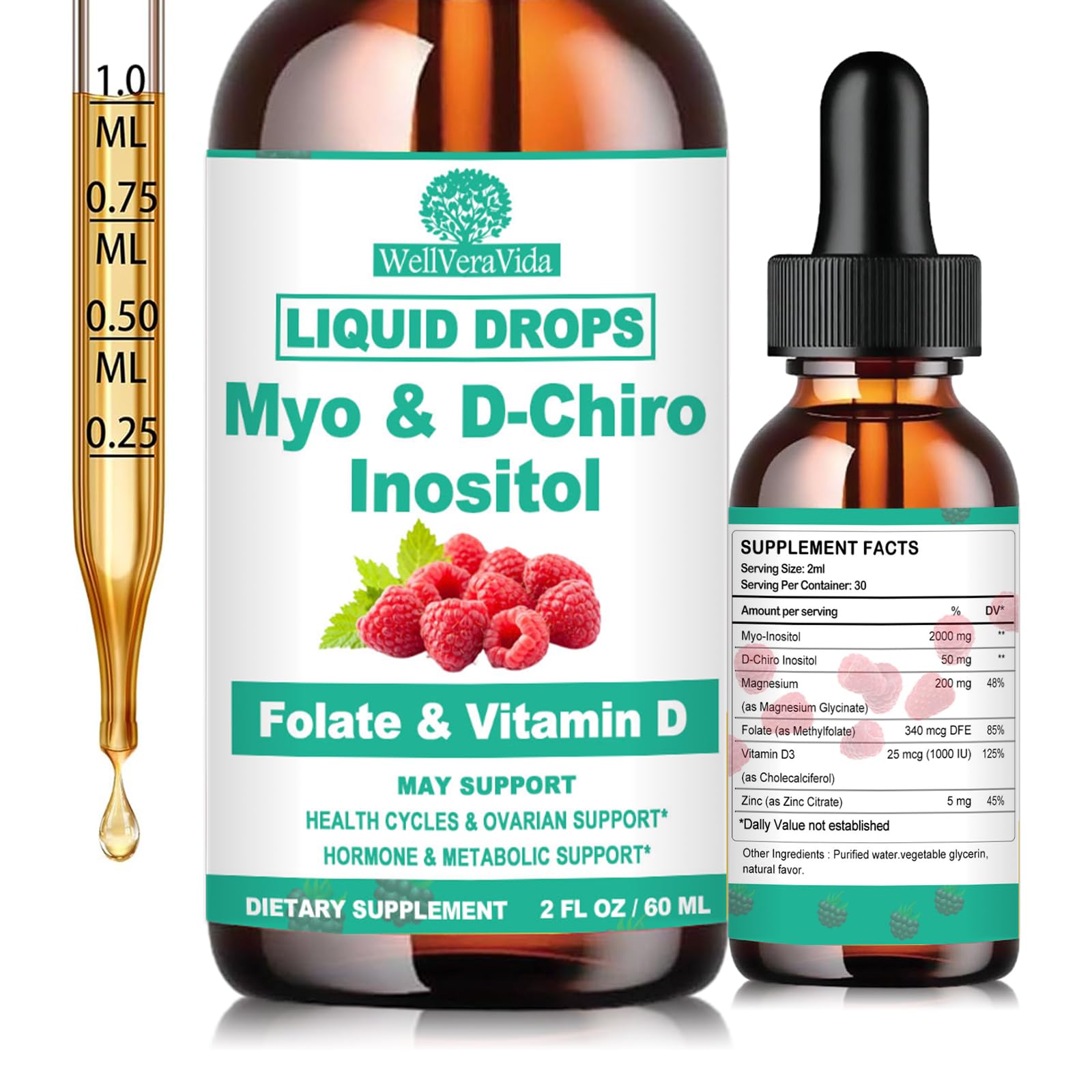 Myo Inositol & D-Chiro Inositol Supplement Liquid for Women- Ideal 40:1 Ratio Inositol Drops with MTHF Folate, Magnesium, Vitamin D, Supports Hormone Balance, Regular Cycles & Ovarian Health丨Vegan WellVeraVidaAu supplements