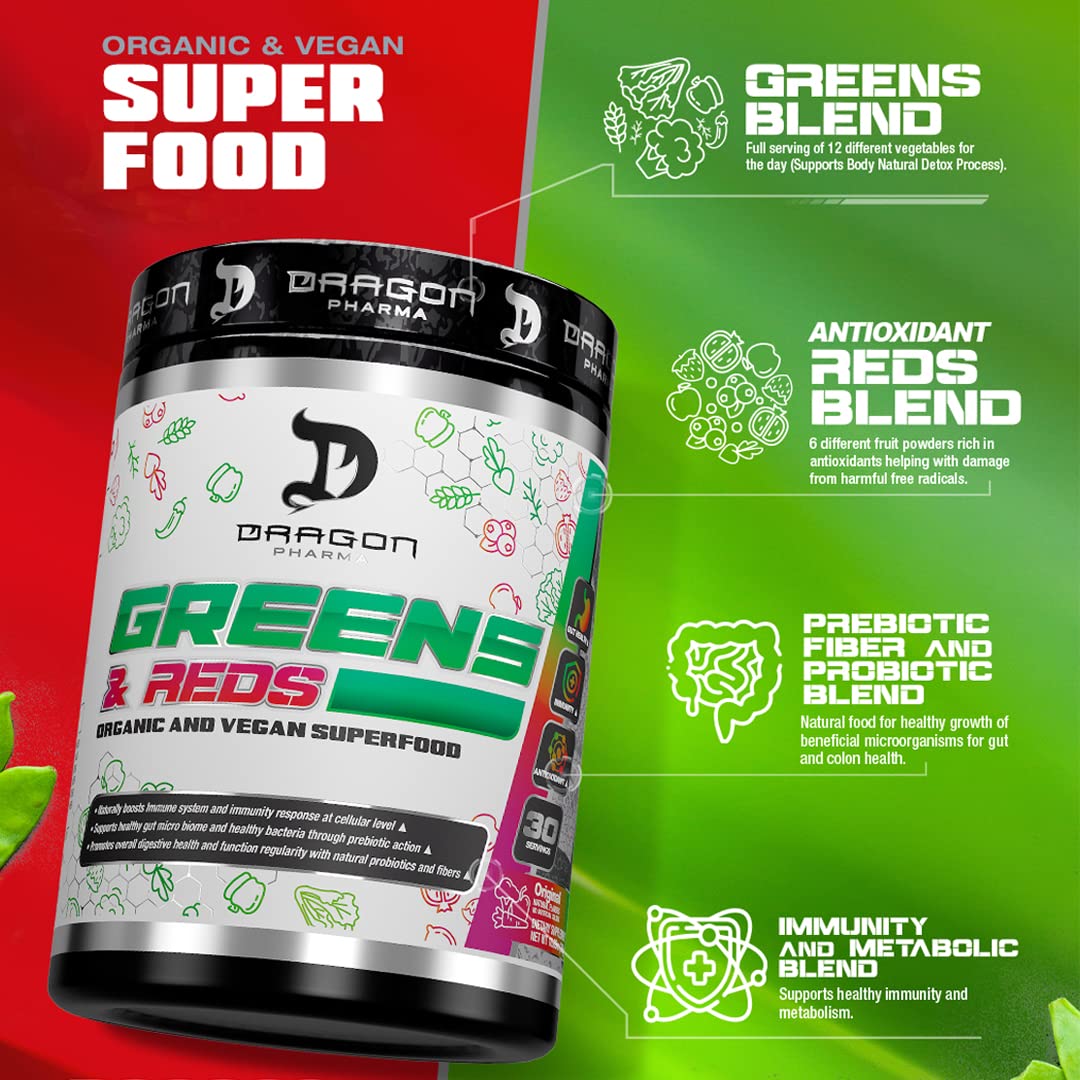 DRAGON PHARMA Greens and Reds, Over 23 Nutritious Superfoods, Reds and Vegetables, Optimal Health and Wellness (30 Servings, Original) DRAGON PHARMAAu supplements