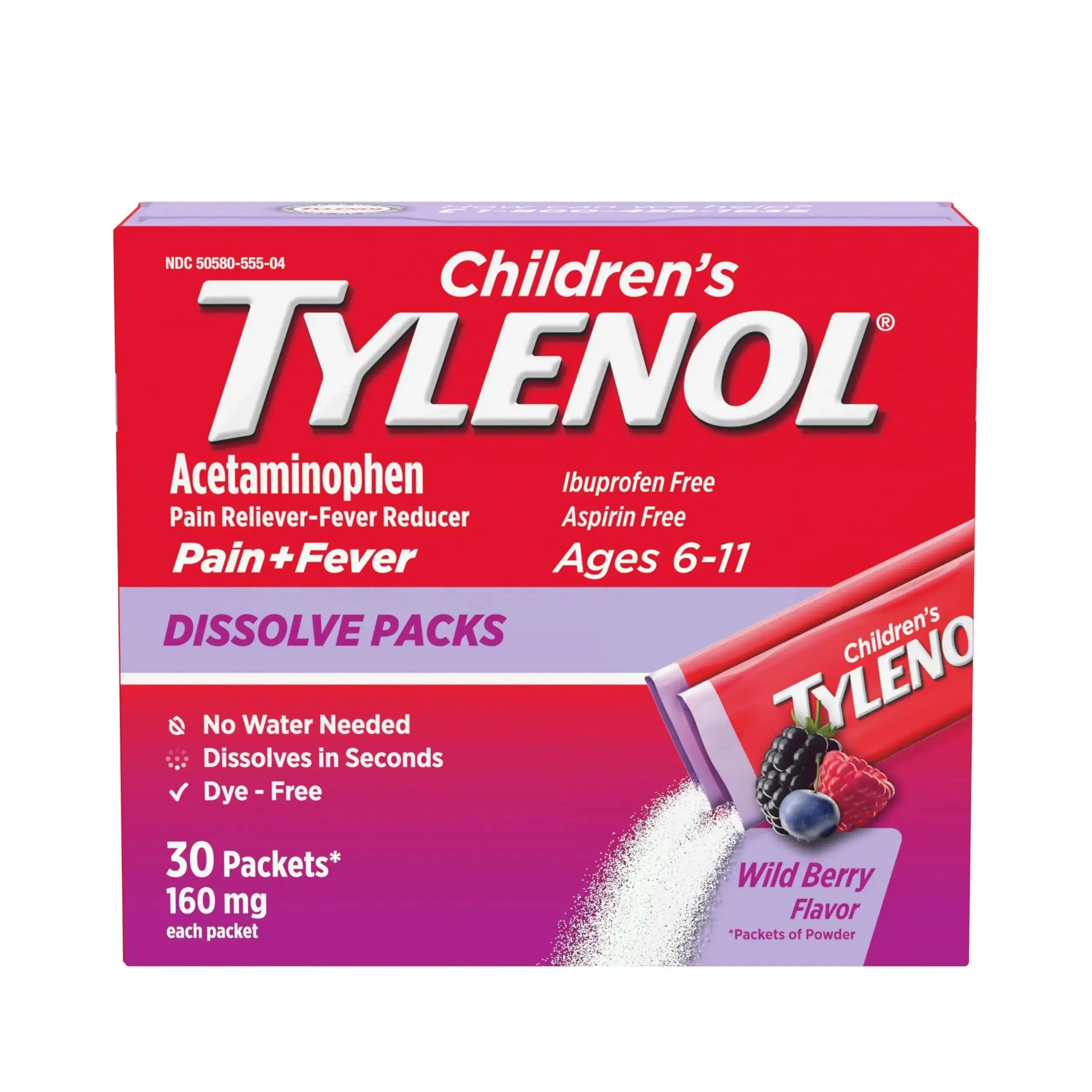 Children's Tylenol Dissolve Packs for Pain Relief, Fever Medication, 160 mg Acetaminophen, Dye Free, Kids' Powder Packets for Cold & Flu Symptom Relief; Wild Berry Flavor, 30 ct.; Pack of 1 TylenolAu supplements