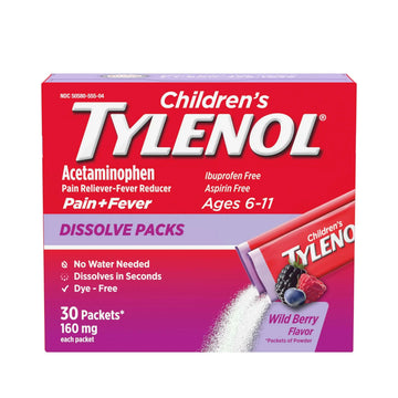 Children's Tylenol Dissolve Packs for Pain Relief, Fever Medication, 160 mg Acetaminophen, Dye Free, Kids' Powder Packets for Cold & Flu Symptom Relief; Wild Berry Flavor, 30 ct.; Pack of 1 TylenolAu supplements