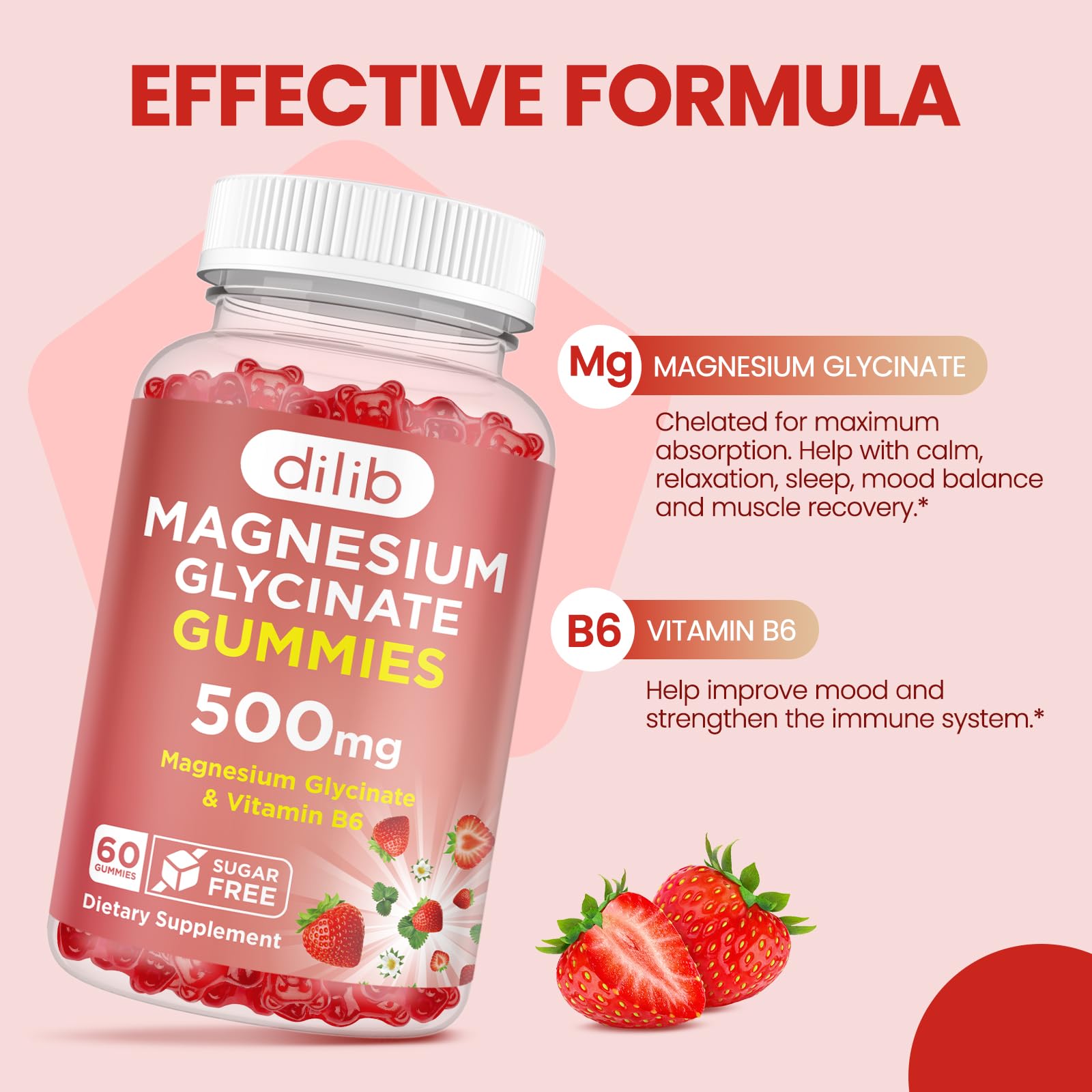 Magnesium Glycinate Gummies 500mg - Magnesium Supplement with Vitamin B6 for Adults & Magnesium for Kids - Calm Magnesium for Sleep, Mood, Muscle Support - Strawberry Flavor, 60 Gummies dilibAu supplements