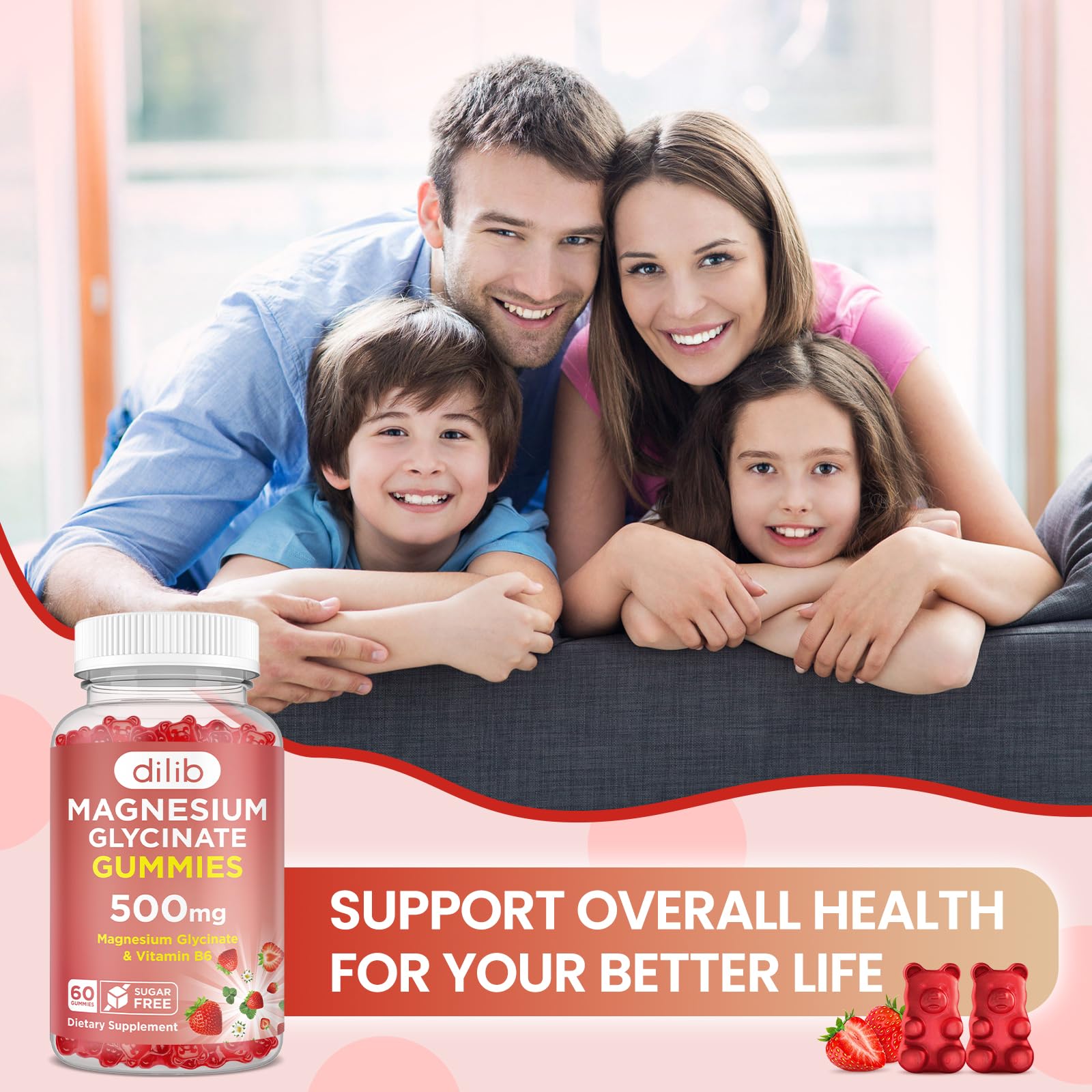 Magnesium Glycinate Gummies 500mg - Magnesium Supplement with Vitamin B6 for Adults & Magnesium for Kids - Calm Magnesium for Sleep, Mood, Muscle Support - Strawberry Flavor, 60 Gummies dilibAu supplements