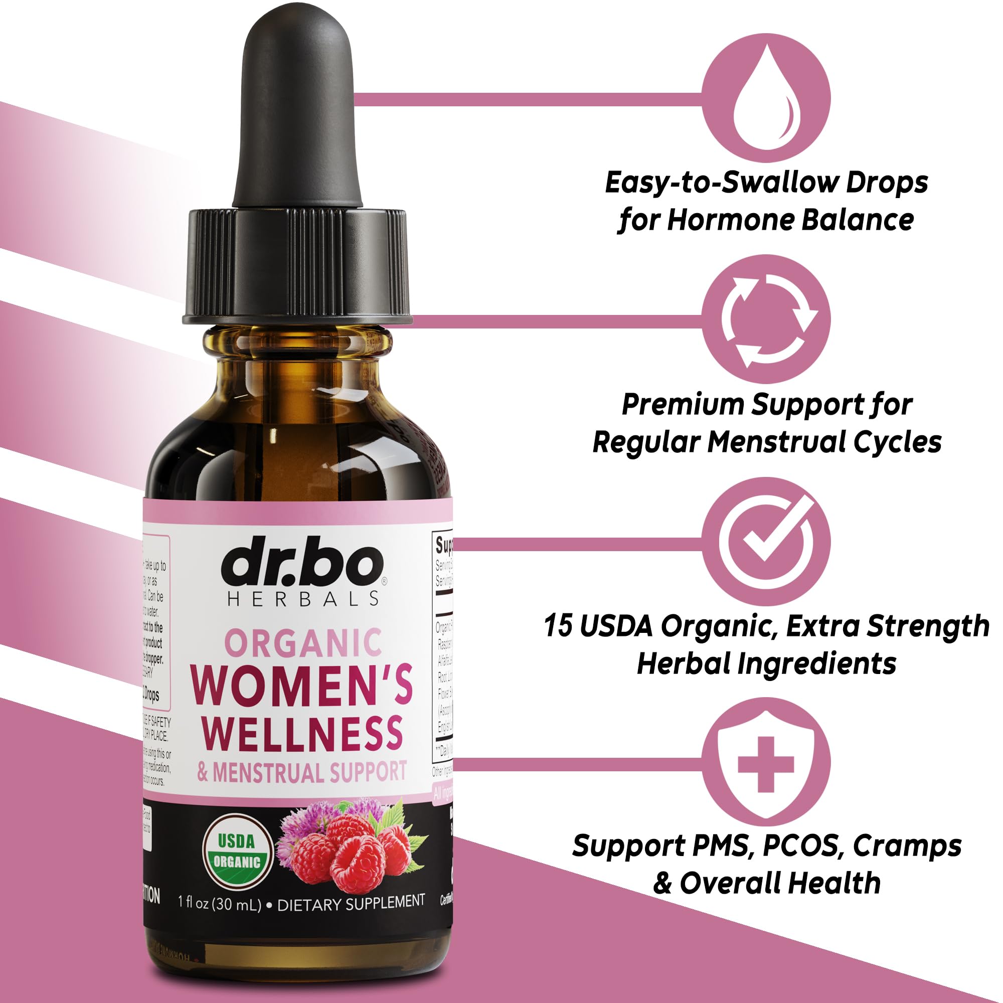 Hormone Balance for Women & PMS Relief - Women's Wellness Organic Hormonal Balance Supplements Liquid Drops & Menstrual Cramp Period Support - Raspberry Leaf, Chasteberry, Black Cohosh Supplement 1 Oz DR. BOAu supplements