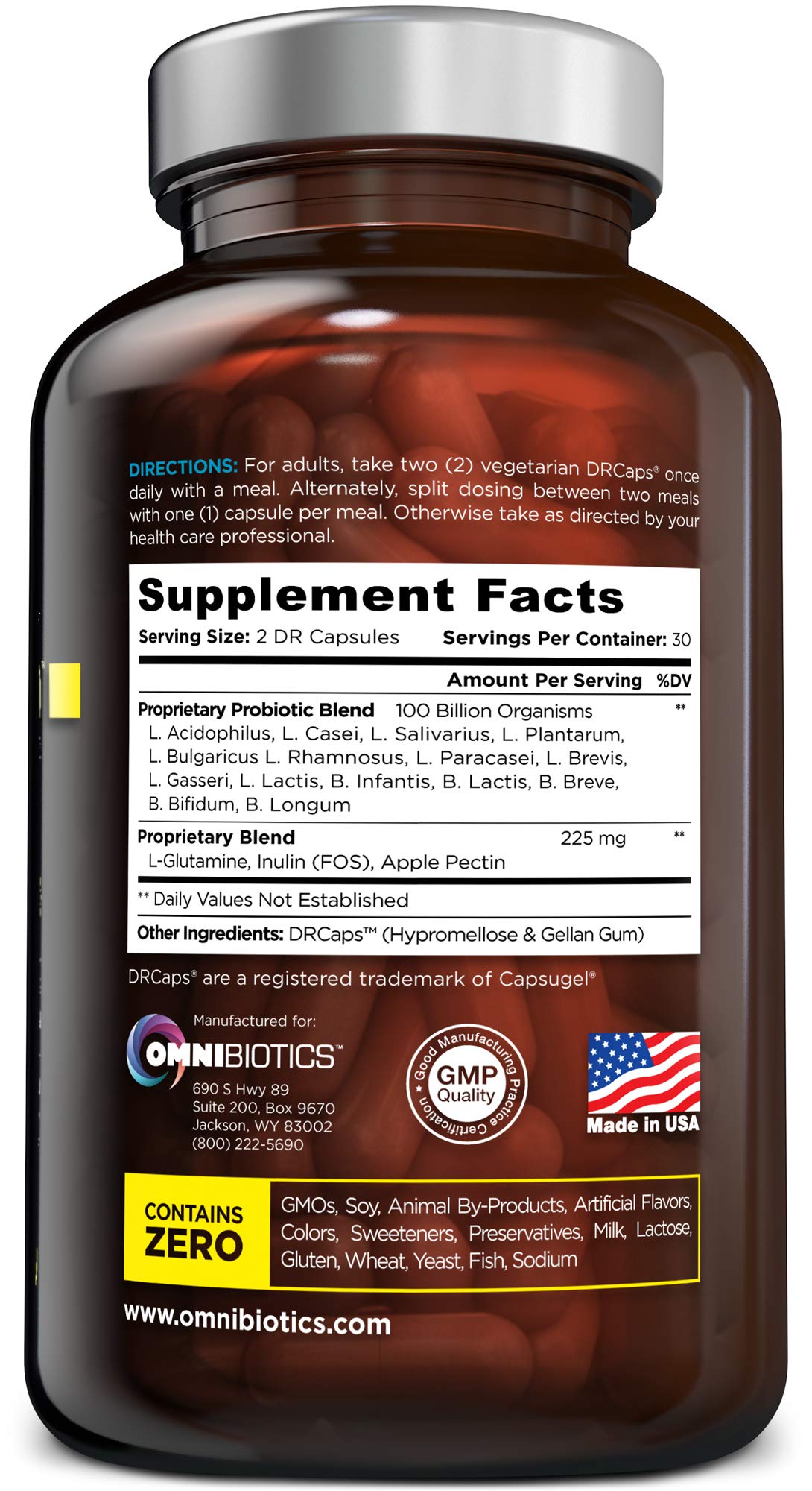 100 Billion Probiotics - 15-Strain Probiotic for Women & Men, DRCaps Delayed Release, Prebiotics, L-Glutamine, Apple Pectin, Gut Lining Support, Shelf Stable, Non-GMO, 60 Vegan Capsules for Adults OmniBioticsAu supplements