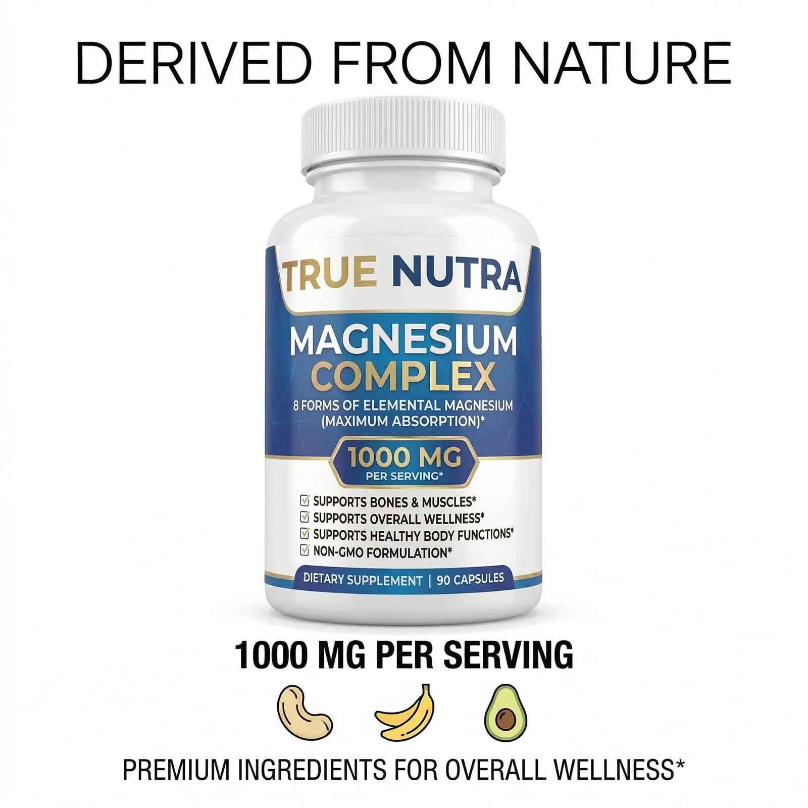 True nutra Magnesium Complex，Advanced 8-in-1 Magnesium Blend，Glycinate, Citrate, Malate, Taurate etc，High Formula，90 Capsules true nutranz supplements