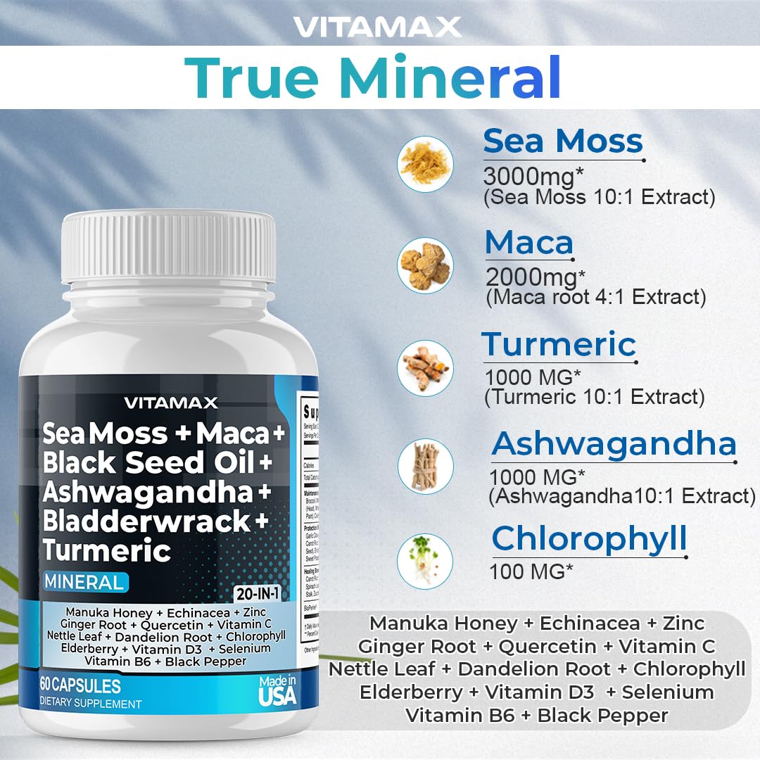 Sea Moss, Maca, Black Seed Oil, Ashwagandha, Bladderwrack, Turmeric VitamaxUS supplements