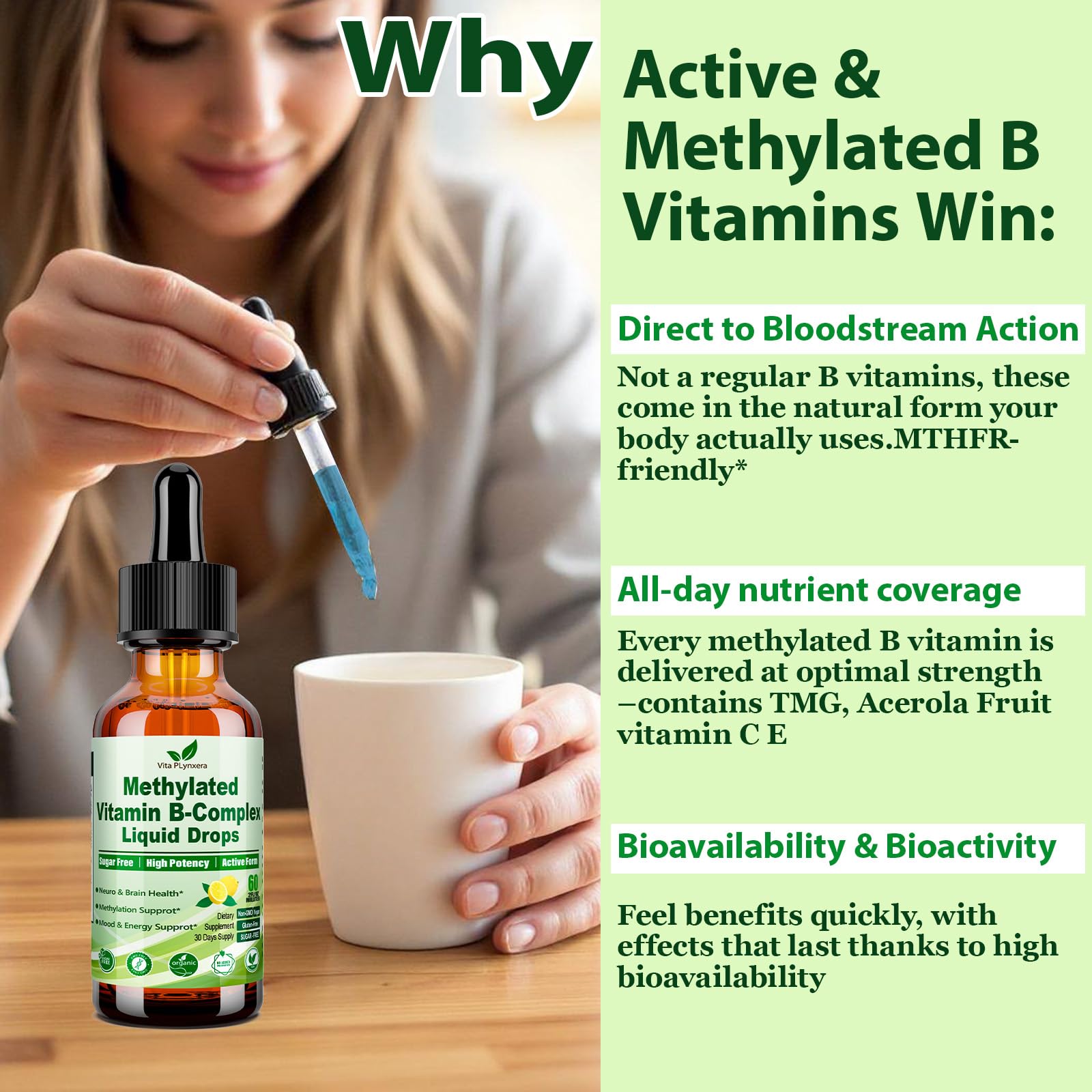 Methylated B Complex Liquid Drop Complete 9-in-1 Methyl B Vitamins w. B12 Methylfolate Inositol Choline TMG Vitamin C E, Super B-Complex Methylated for MTHFR Support, Energy Mood Nerve & Brain Health1 Vita PLynxeraAu supplements