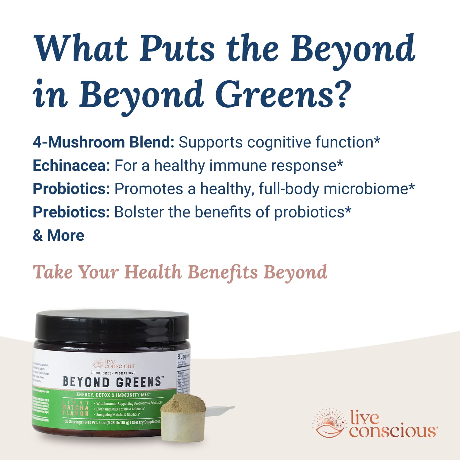 Live Conscious Beyond Greens Superfood Powder - Delicious Debloating Super Greens Powder - Matcha Greens Blend w/Chlorella, Echinacea, Probiotics for Immune Support & Energy Live ConsciousAu supplements