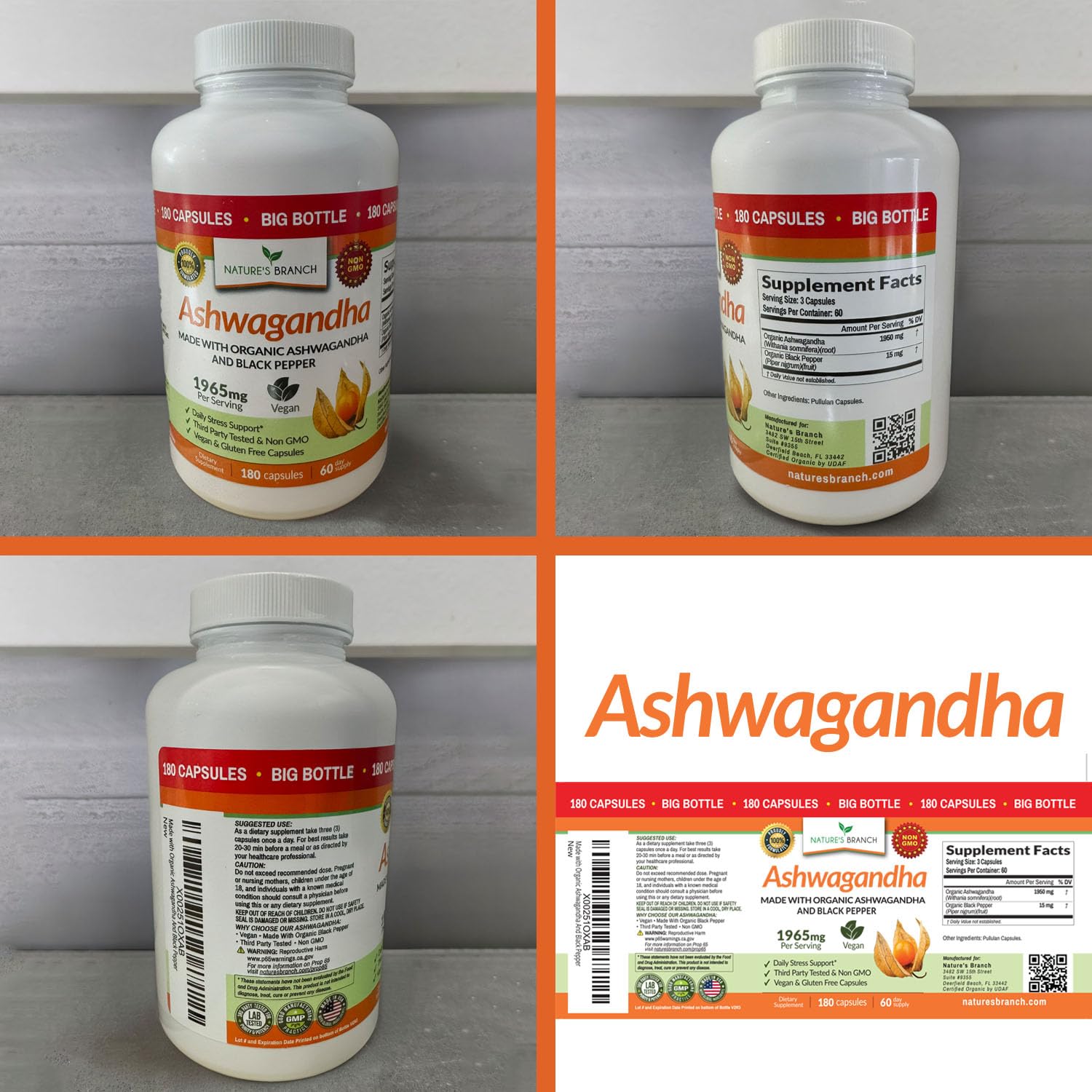 UDAF Certified Organic Ashwagandha with Black Pepper, 1965mg - Extra Strength for Stress, Sleep, Mood, Thyroid, Energy, Hair, Vegan Pure Root Extract Powder Supplement for Men and Women | 180 Capsules NATURE'S BRANCHAu supplements