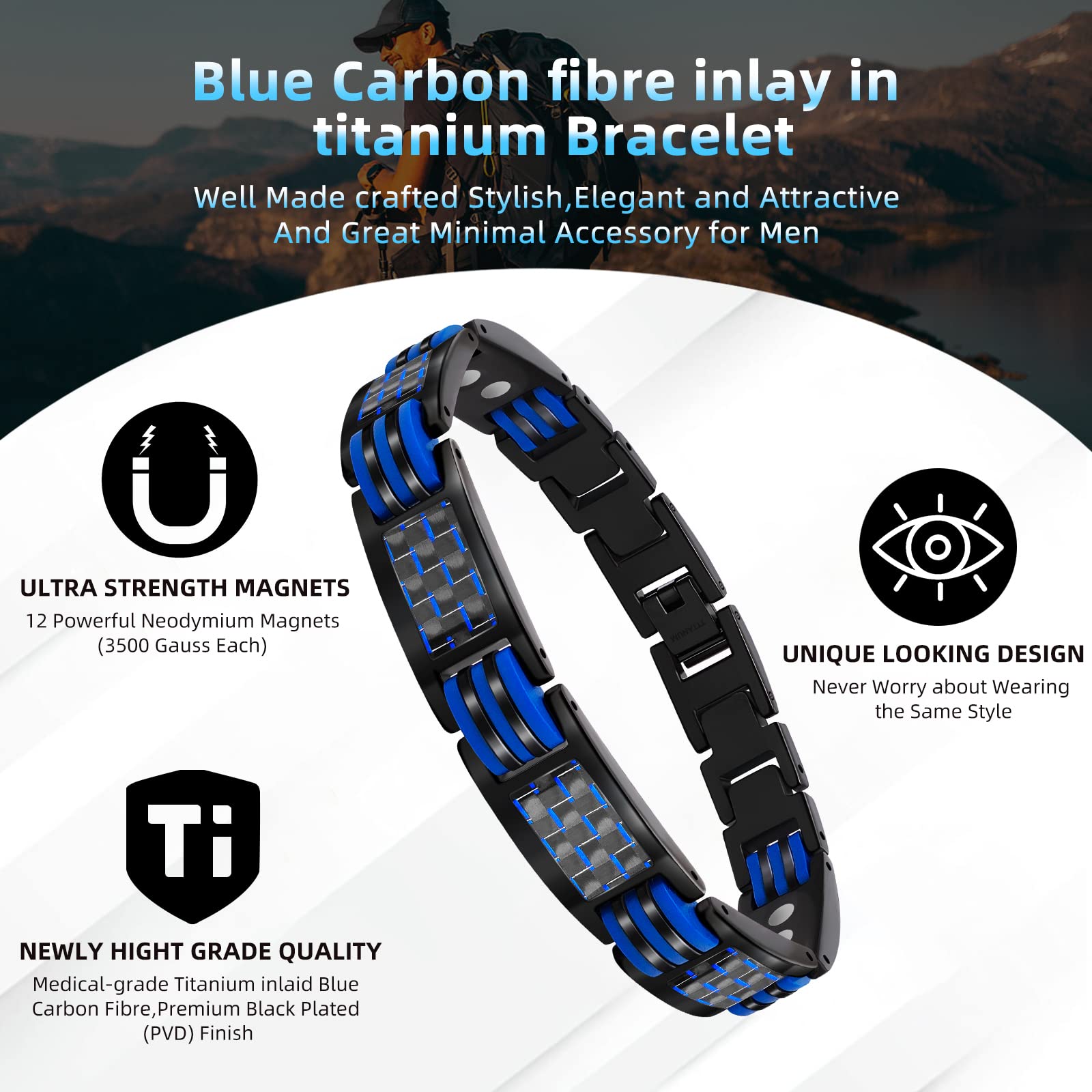 JEROOT Magnetic Bracelets for Men, Blue Carbon Fiber Pure Titanium Magnetic Bracelet JEROOTAu supplements