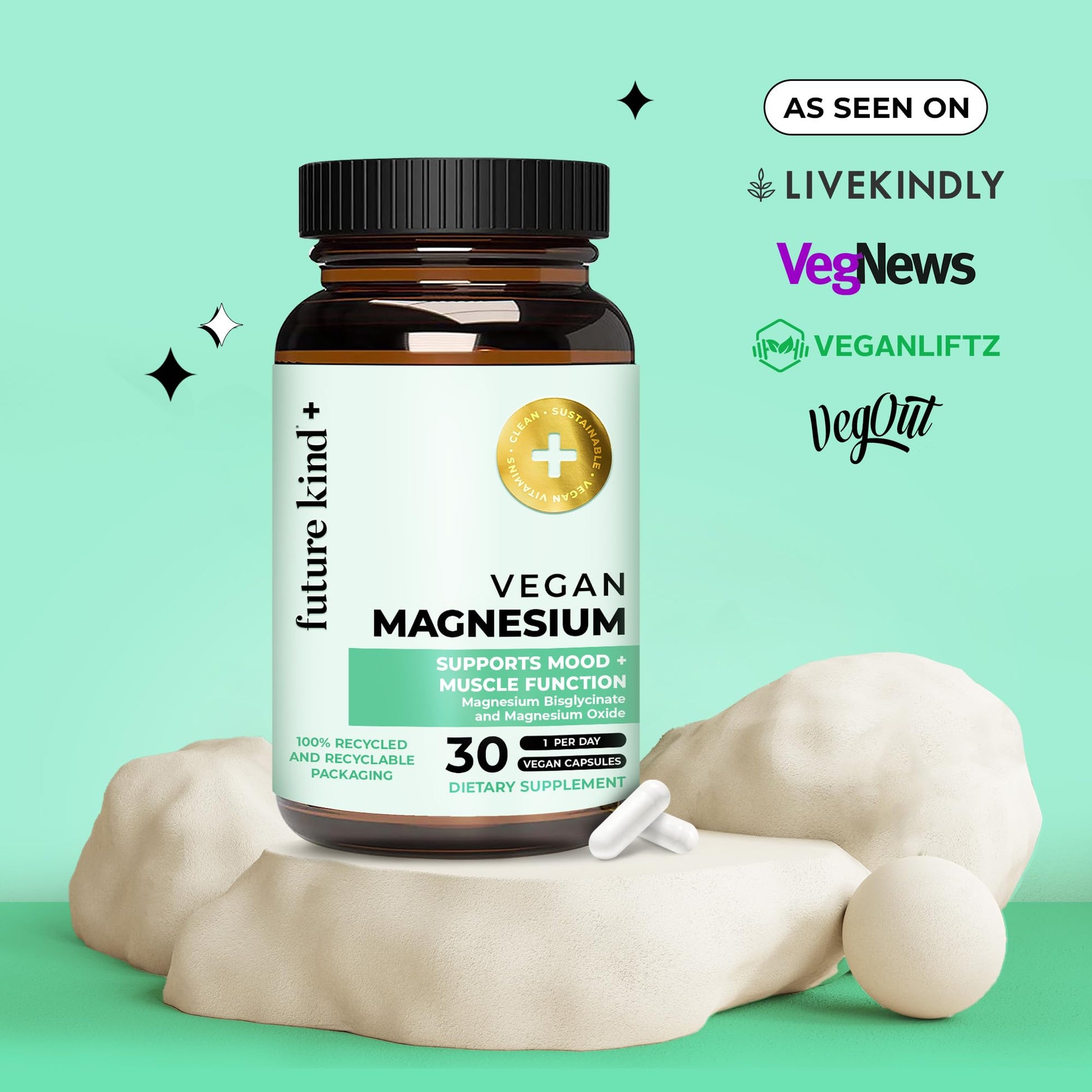 Future Kind Magnesium Glycinate, Supports Muscle and Nerve Function, High Absorption Chelated Magnesium Supplement, Nightly Calm, Energy & Metabolism, Highly Bioavailable & Potent - 30 Vegan Capsules Future KindAu supplements