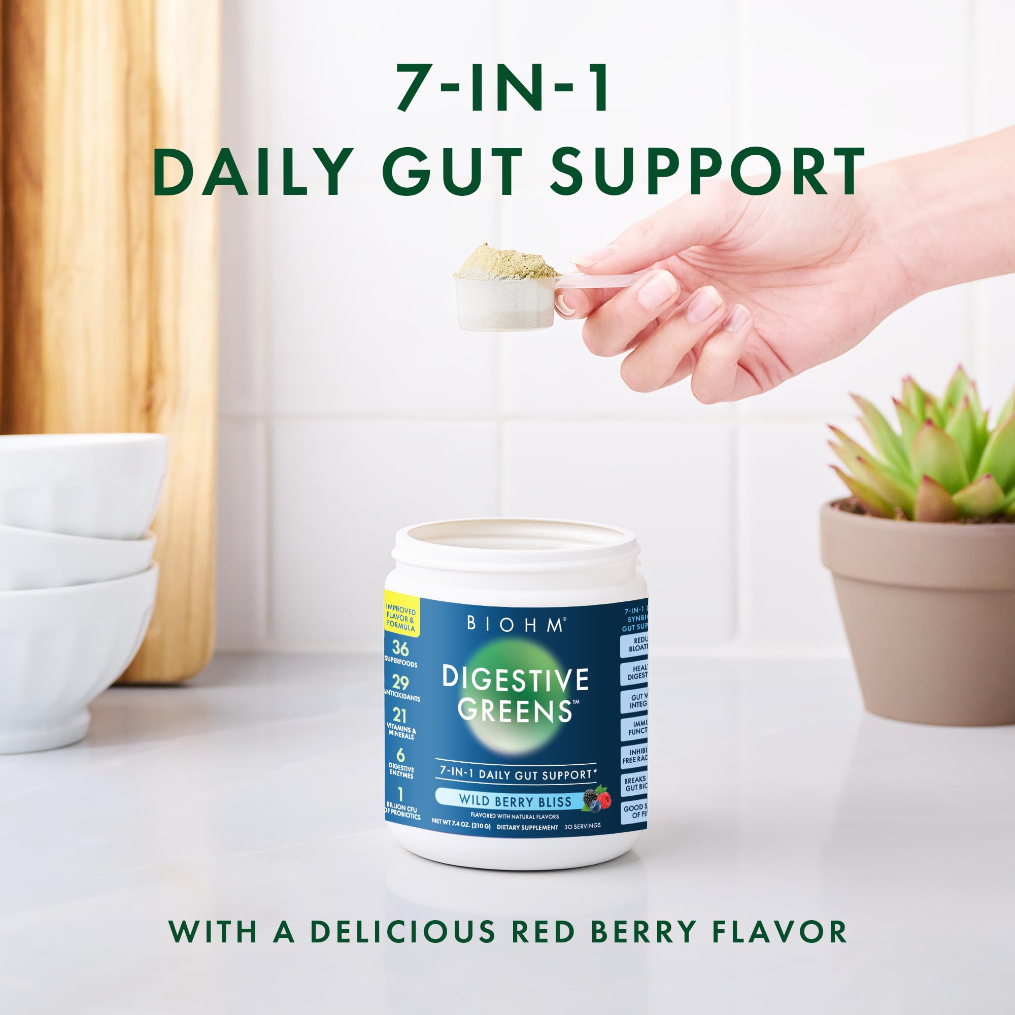 BIOHM Digestive Greens, Green Superfood Powder (7.4 Oz, 30 Servings) Immune & Gut Health Support with Antioxidants, Vitamins, Probiotics & Enzymes, Good Source of Fiber, Berry Flavor BIOHMAu supplements