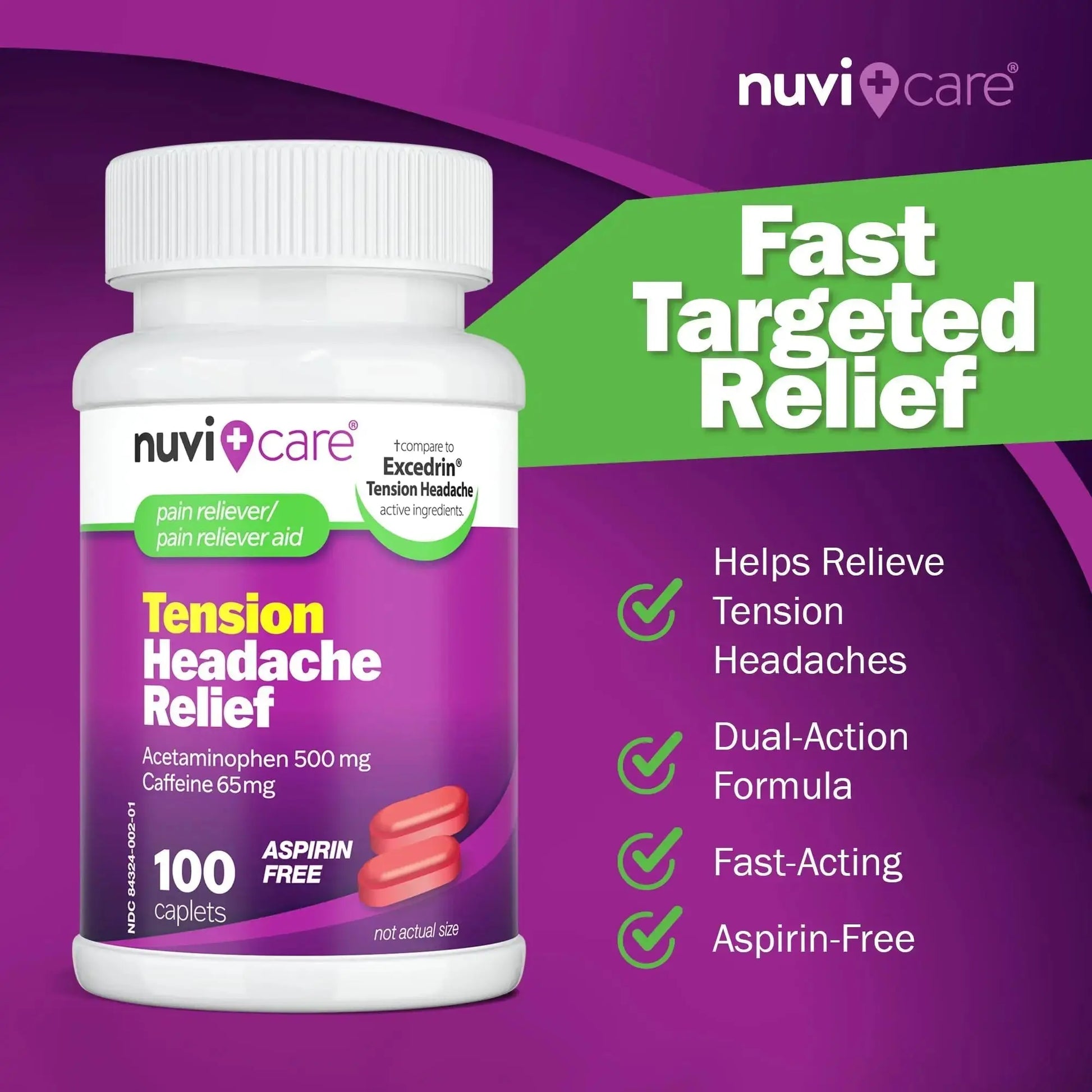 Nuvicare Tension Headache Relief Pills with 500mg Acetaminophen and 65mg Caffeine - Non Aspirin Pain Reliever Aid - Compare to Active Ingredient in Aspirin Free Excedrin Tension Headache (100 Caplets) NUVICAREAu supplements