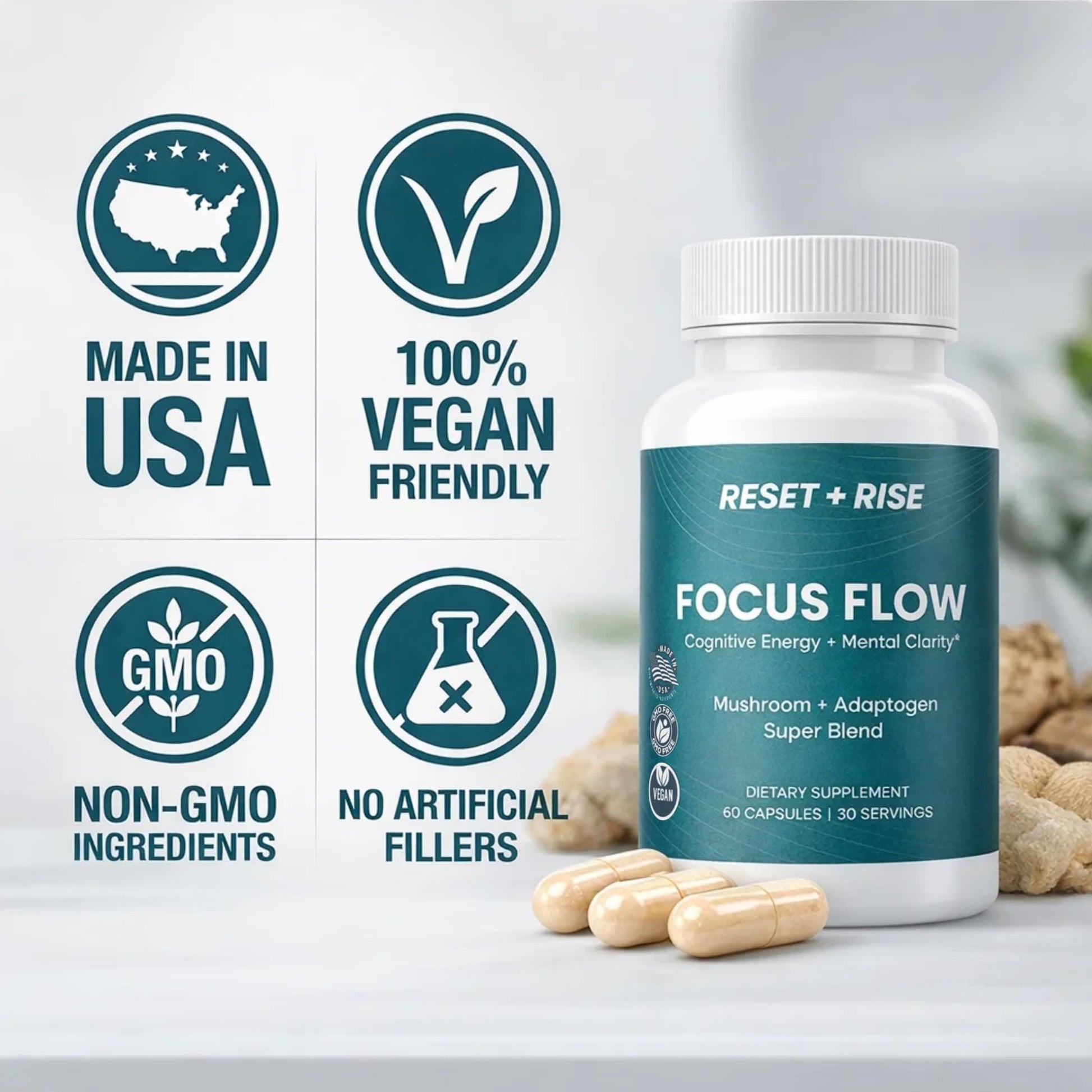 Nootropic Brain Supplement with Lion’s Mane Mushroom, Cordyceps & Rhodiola Rosea Extract - Focus and Energy Supplement, Adaptogen for Brain Health, Mental Clarity, Memory & Mood Support - 60 Capsules Reset+RiseAu supplements