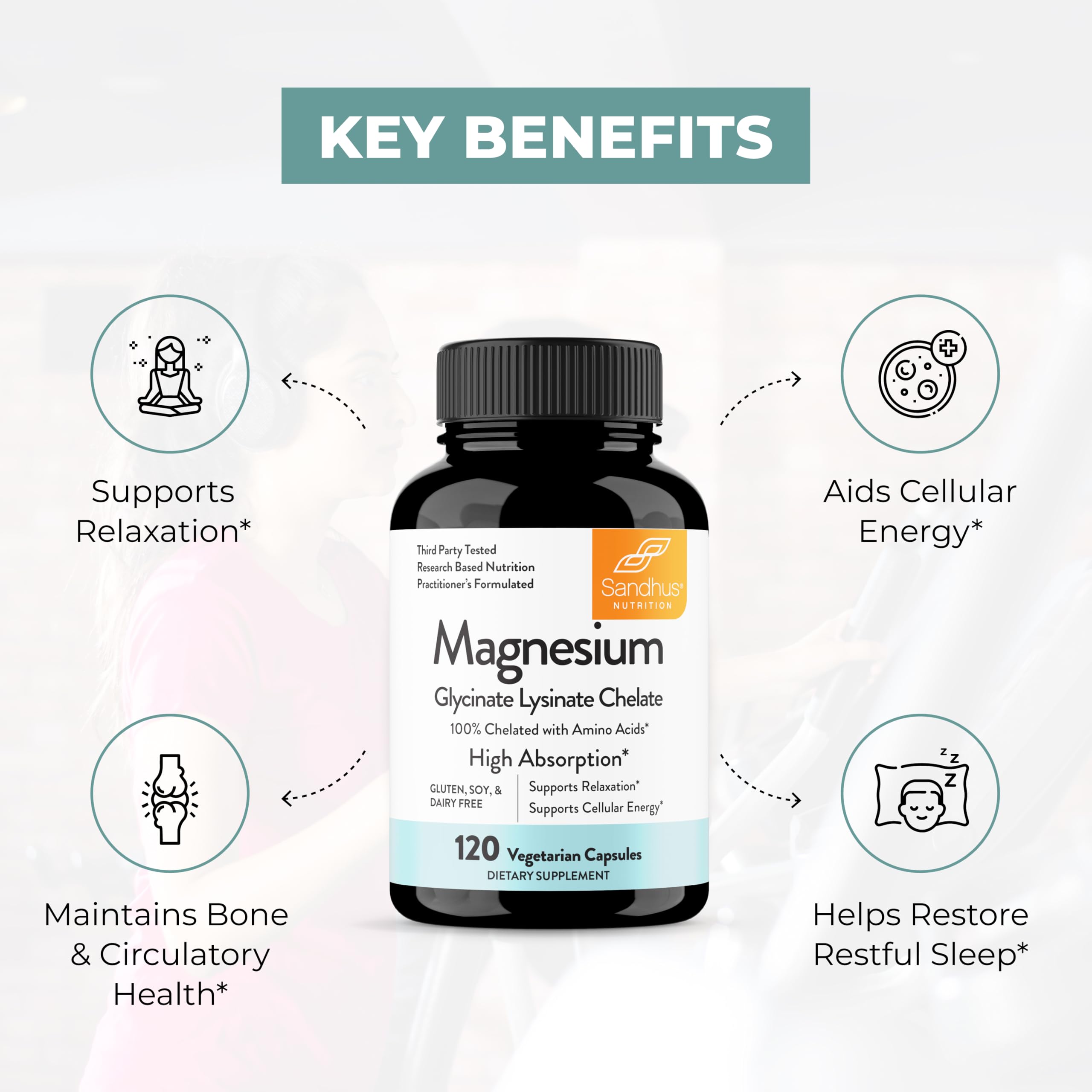 Sandhu's Magnesium Glycinate Lysinate | 120 Easy to Swallow Chelated Vegan Capsules | Magnesium Lysine Chelate Supplement for High Absorption | for Best Sleep, Leg Cramps, Relaxation Sandhu'sAu supplements