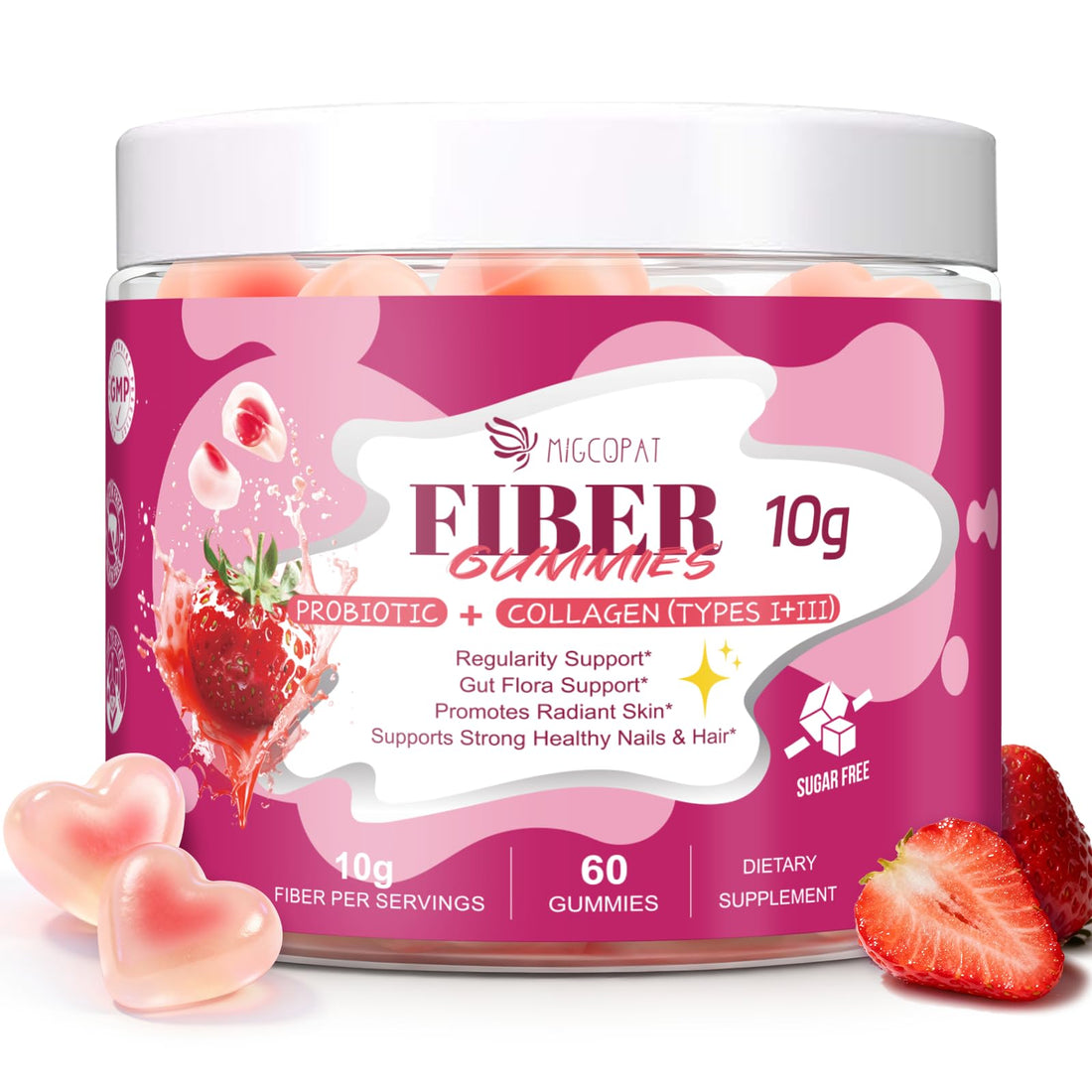 Migcopat 10G Fiber Gummies with Collagen Peptides, Hyaluronic Acid, Vitamin C, ACV, 30 Billion CFU Probiotics – Sugar Free Collagen Gummy for Skin, Hair & Nails MigcopatUS supplements