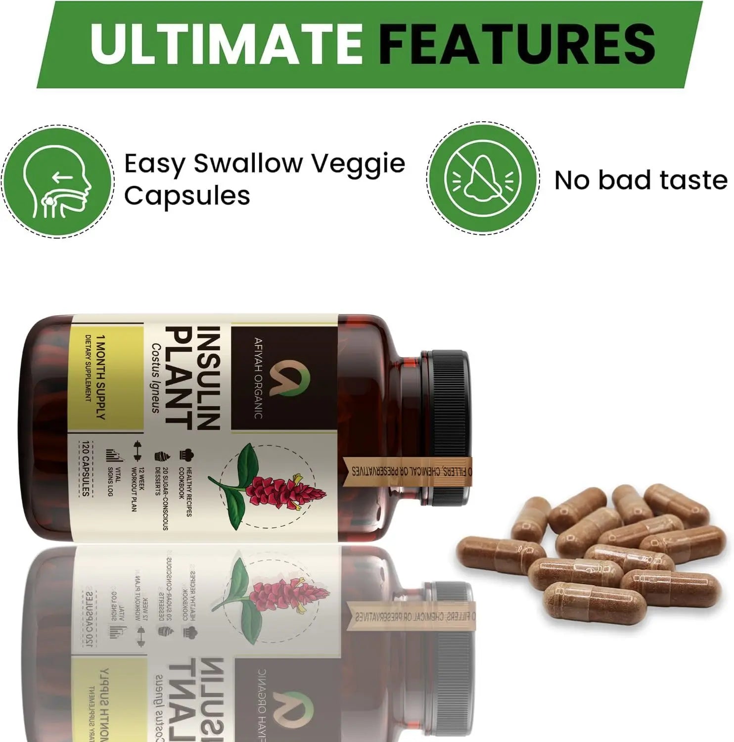 Afiyah Organic - Premium Quality Costus Igneus (Insulin Plant) Capsules - Easy to Swallow 120 Veggie Capsules (1 Month Supply) - Made in the USA - Including Complete Health Support Program Afiyah OrganicAu supplements