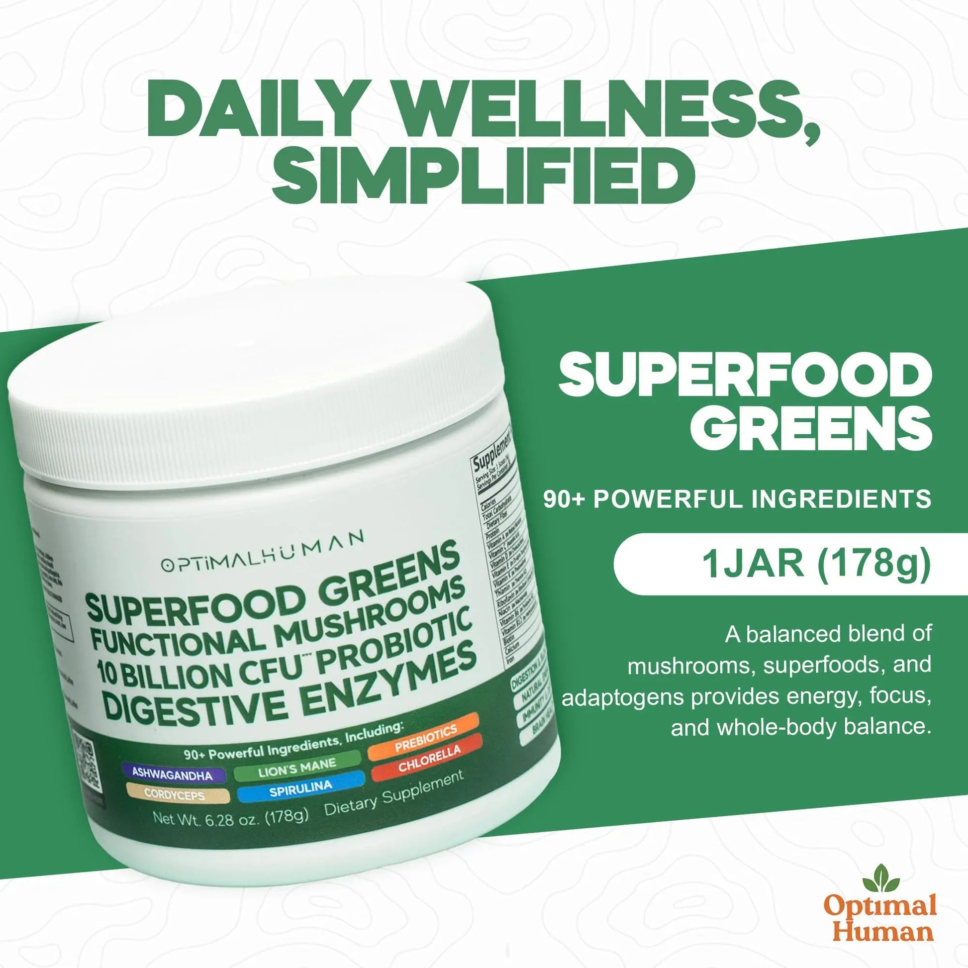 Optimal Human Superfood Greens Powder – 90+ Ingredient Blend with Lion’s Mane Supplement, Ashwagandha & Turmeric O HAu supplements