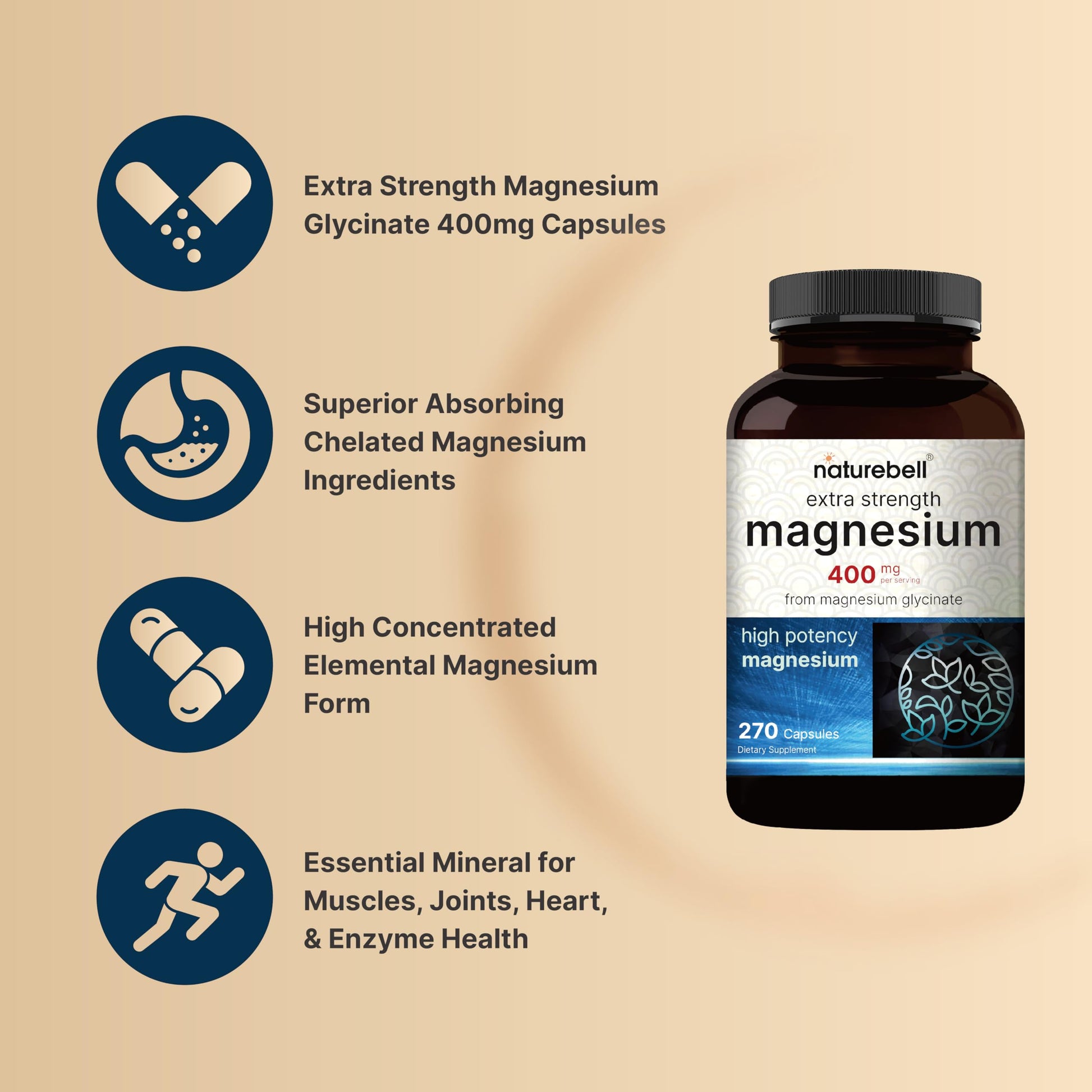 NatureBell Magnesium Glycinate 400mg Elemental, 270 Capsules | 100% Chelated for High Absorption | Supports Muscle, Bone & Heart Health | Non-GMO, Gluten-Free, Vegan NatureBellAu supplements