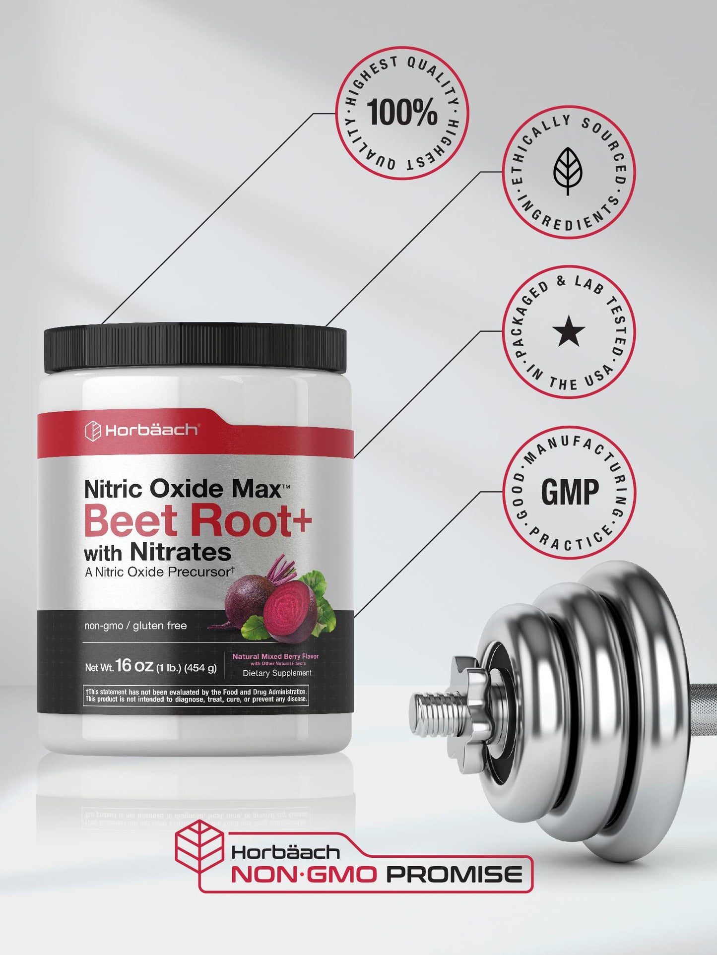 Nitric Oxide Beet Root Powder | 16 oz (454g) | Natural Mixed Berry Flavor | with Nitrates HorbäachUS supplements