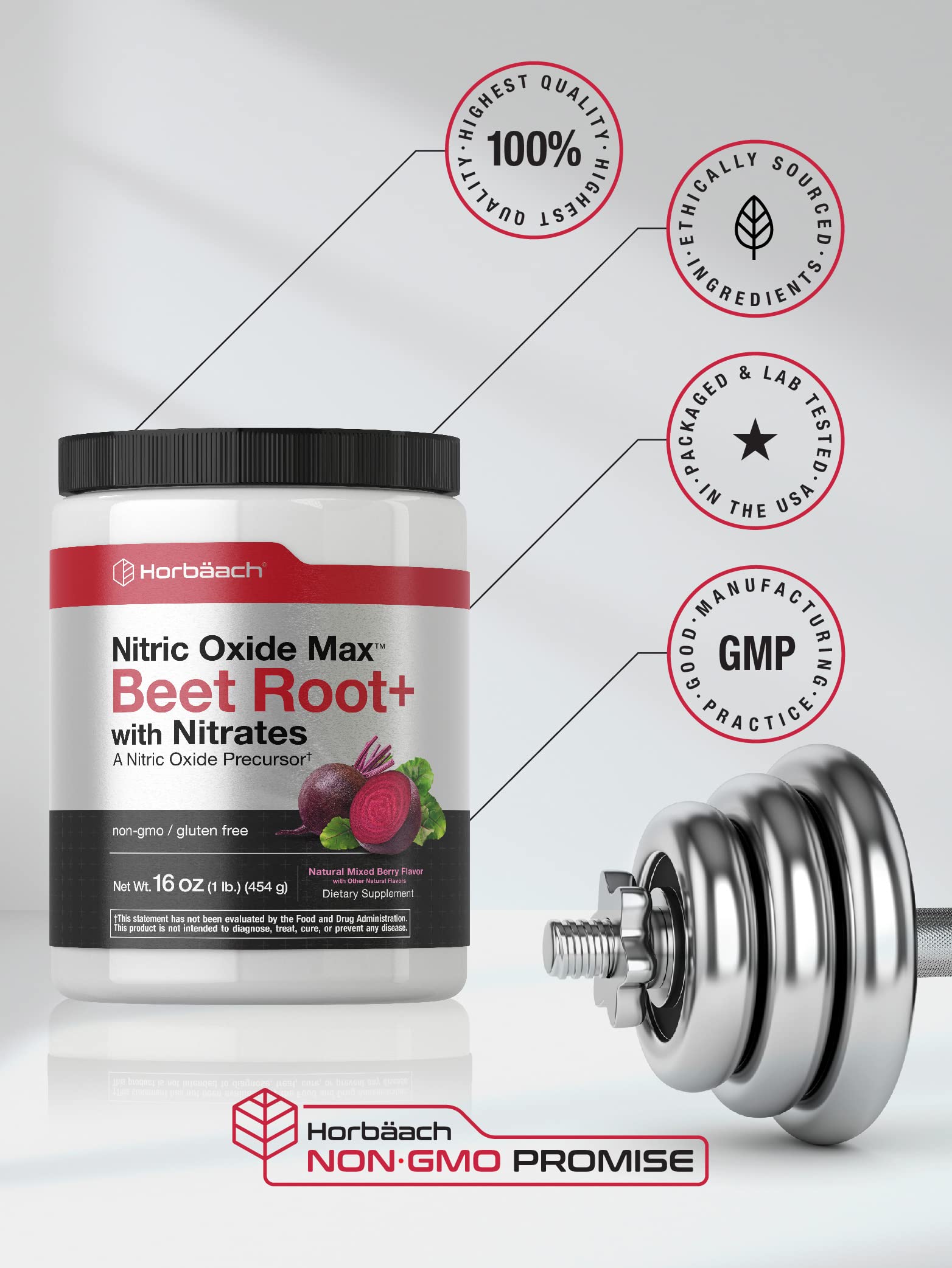 Nitric Oxide Beet Root Powder | 16 oz (454g) | Natural Mixed Berry Flavor | with Nitrates HorbäachAu supplements