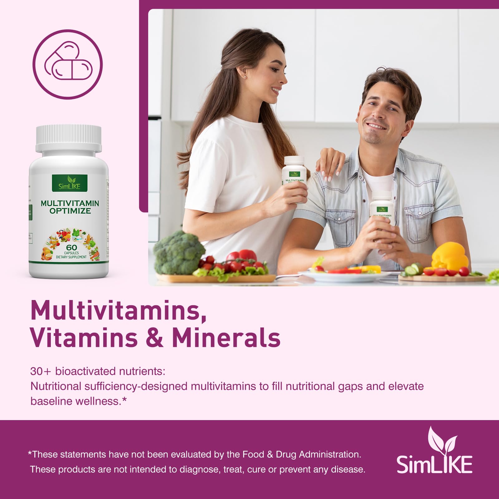 Methylated Multivitamin for Women, 30-in-1 Nutrients Formula with Inositol, CoQ10, Biotin, Zinc for Hair Health Support, Resveratrol, Vitamin C, Alpha Lipoic Acid for Skin Health Support, 60 Capsules SimlikeAu supplements