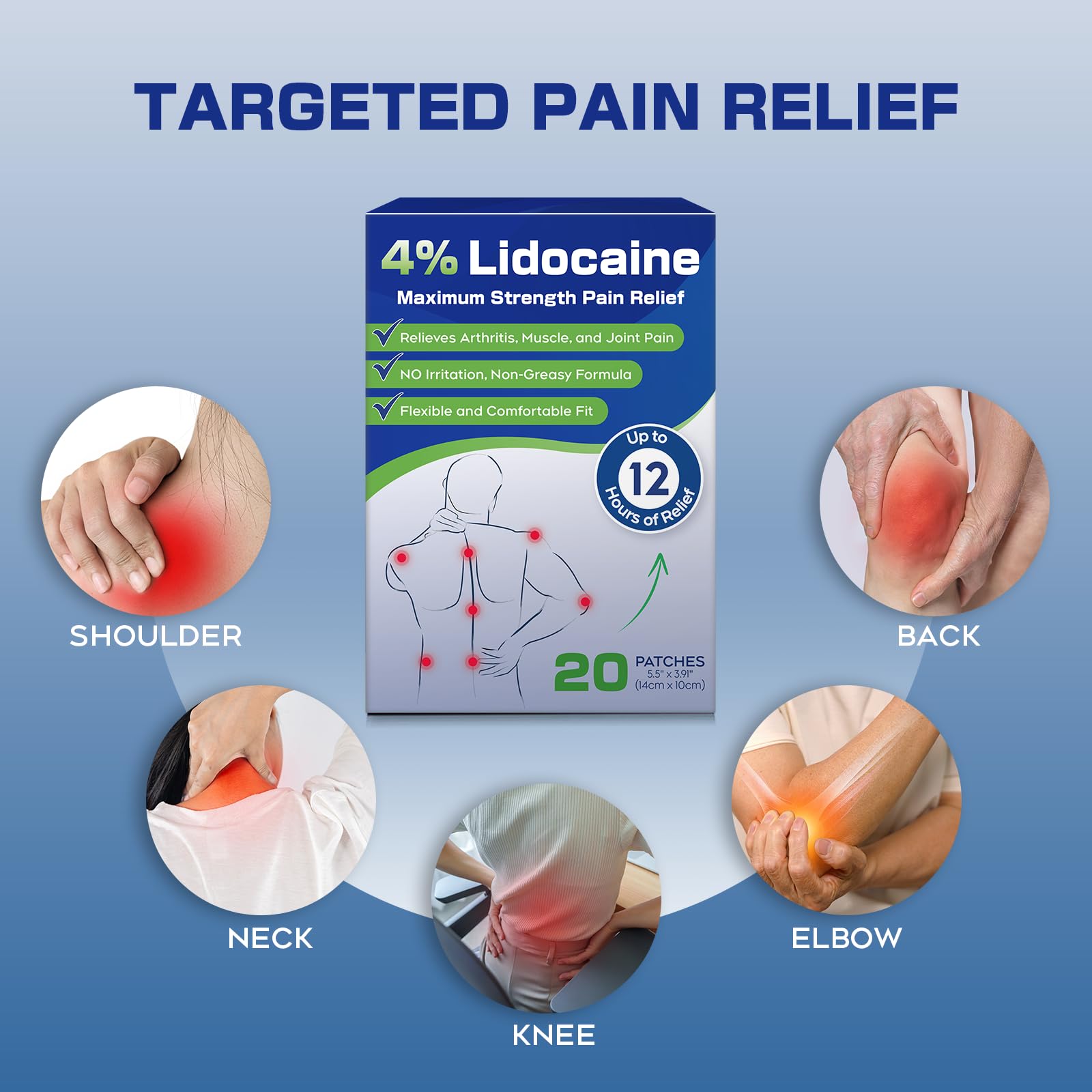 Uposiut 4% Lidocaine Patches - 20 Count Maximum Strength Lidocaine Patches, 10 Packs of 2 Patches for Muscle Pain Relief in The Neck, Shoulders, Back, Knees, and Anks, 12 Hour Pain Relief-012345 UposiutAu supplements