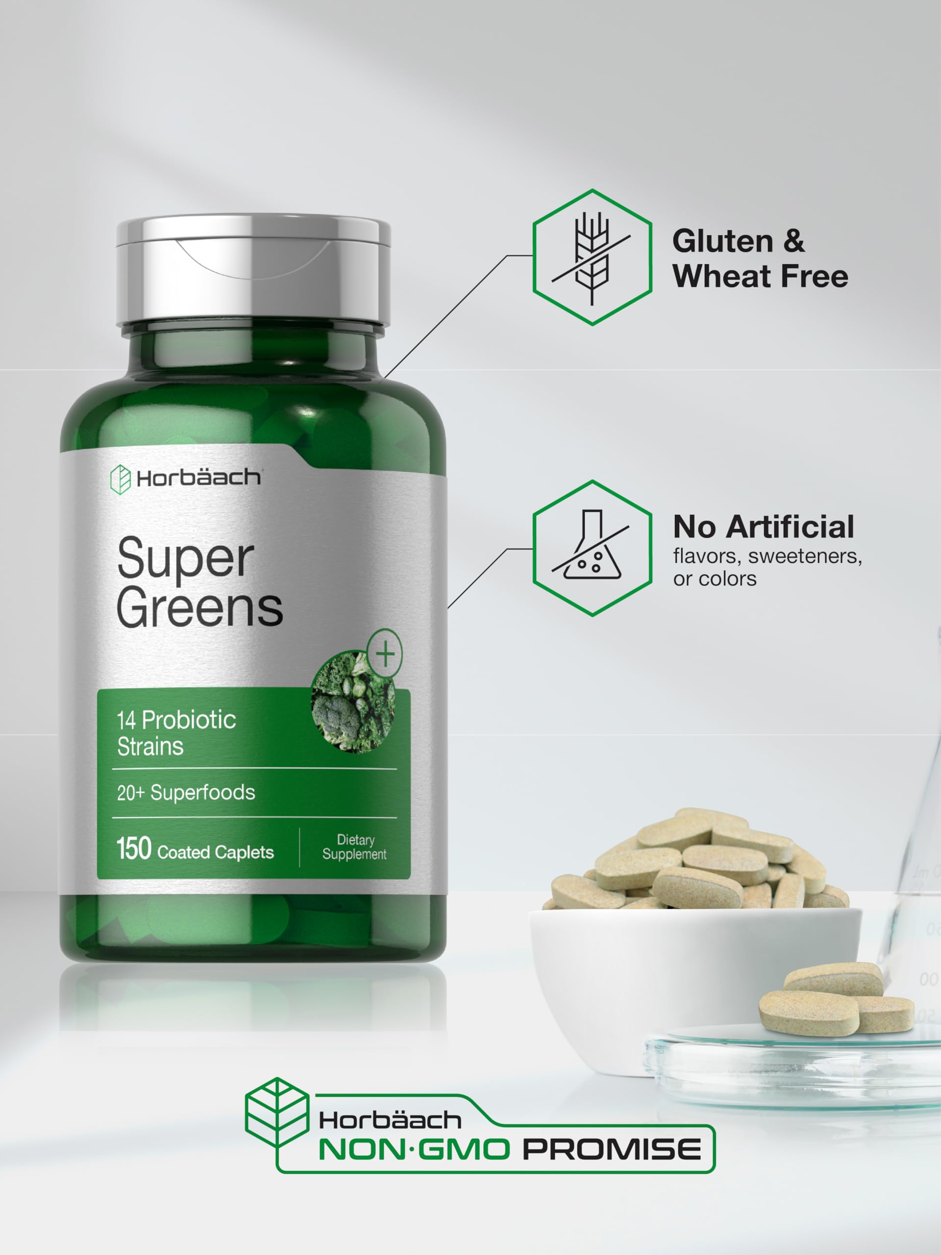 Horbäach Super Greens Supplement with Probiotics | 150 Caplets | Non-GMO, and Gluten Free HorbäachAu supplements