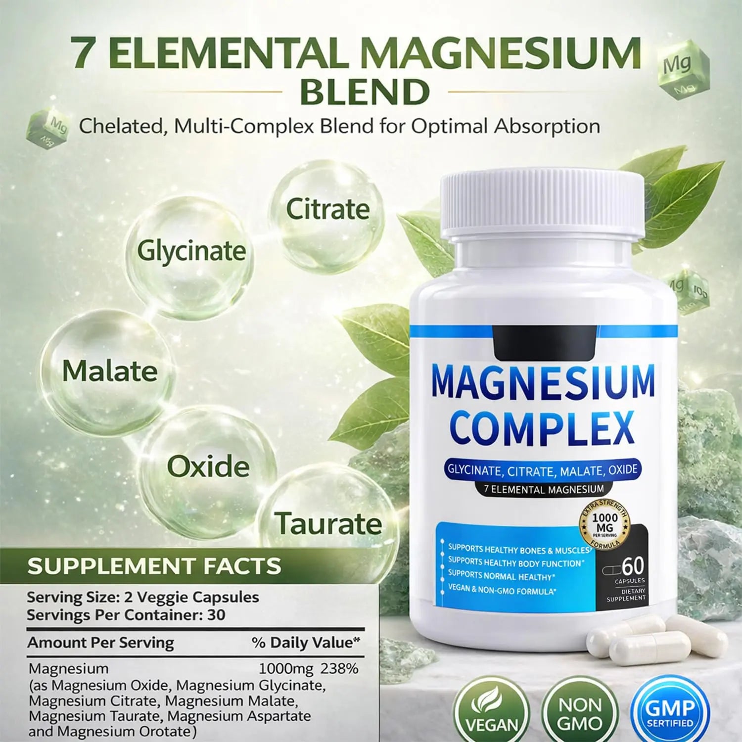 Magnesium Complex for Women & Men 1000mg — 7-in-1 Magnesium (Glycinate, Citrate & Malate) for Sleep Support, Stress Relief, Muscle Recovery — Vegan, 60 Capsules ElixAidnz supplements