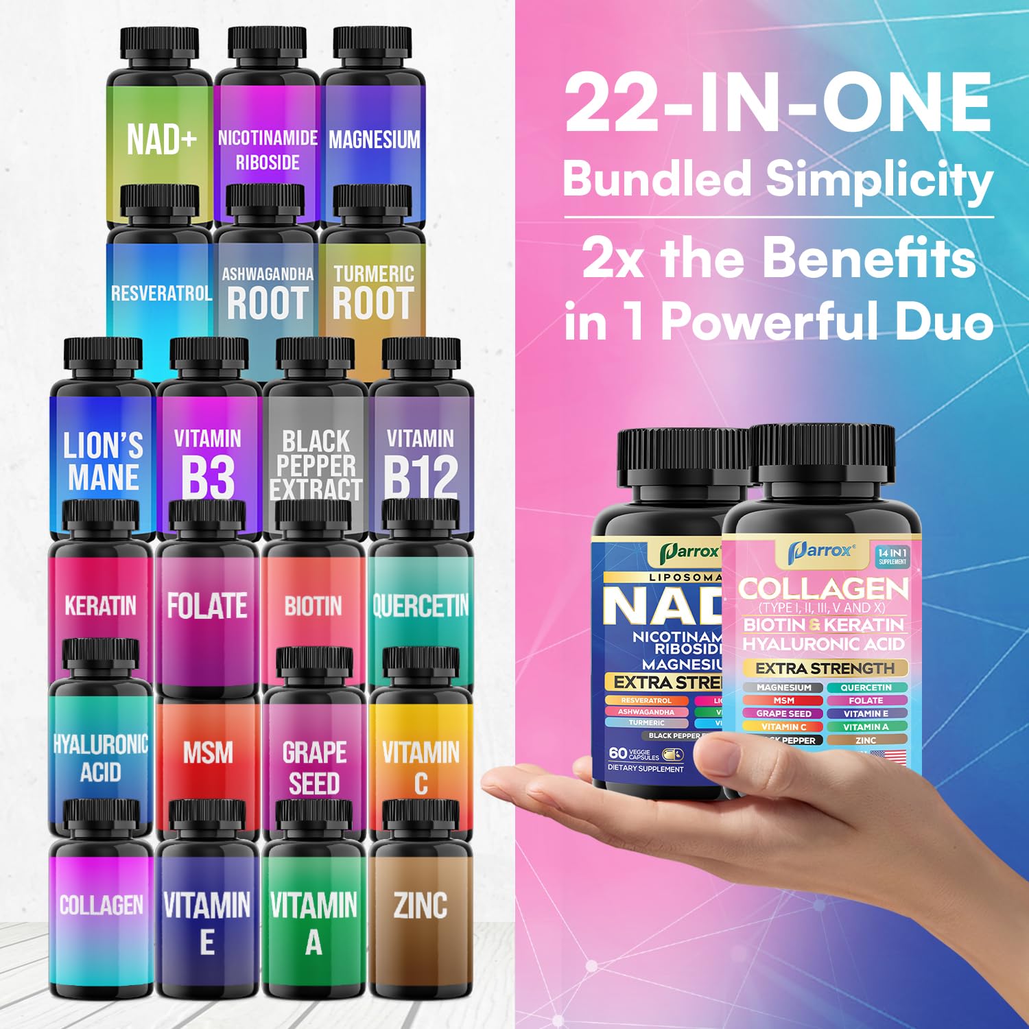 Parrox Forever Young Set with Liposomal NAD, Nicotinamide Riboside, Magnesium, Resveratrol, Lion's Mane, Collagen Peptides Types I, II, III, V and X, Biotin & Keratin, Hyaluronic Acid, Zinc, Quercetin ParroxAu supplements