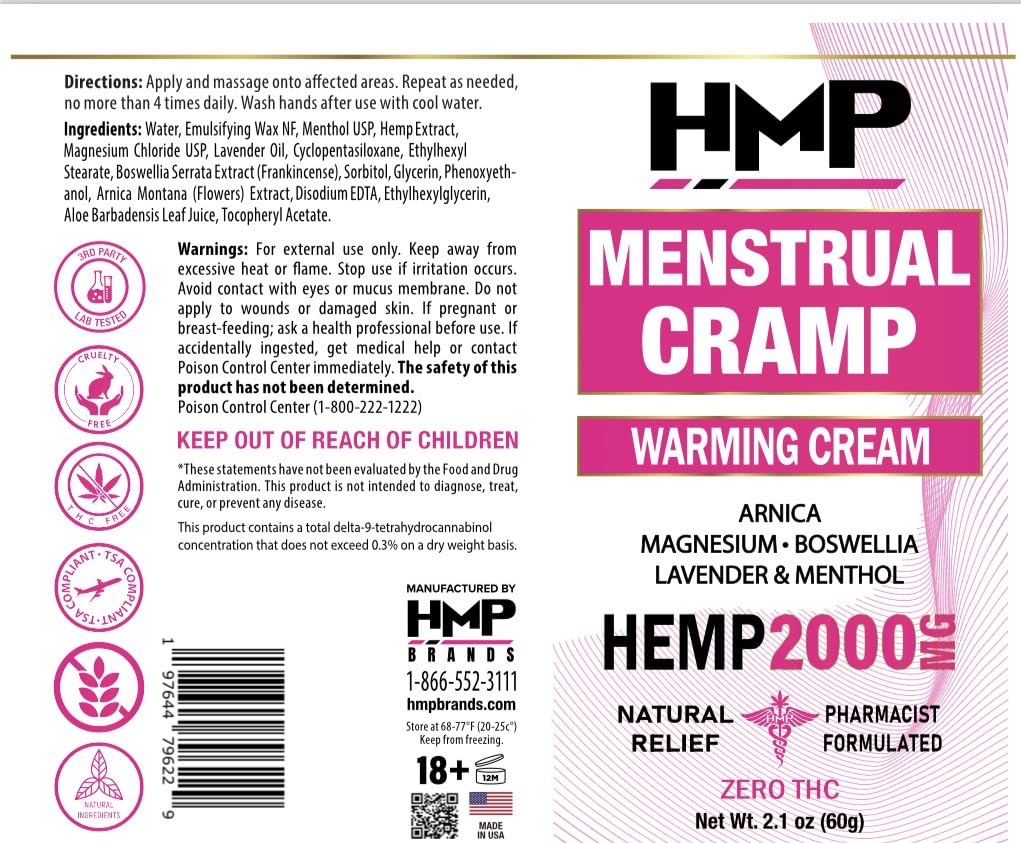 HMP BRANDS Menstrual Cramp Hemp Cream 2000MG with Menthol, Easy to Use, Natural Formula Made in USA 2.1oz HMP BRANDSAu supplements