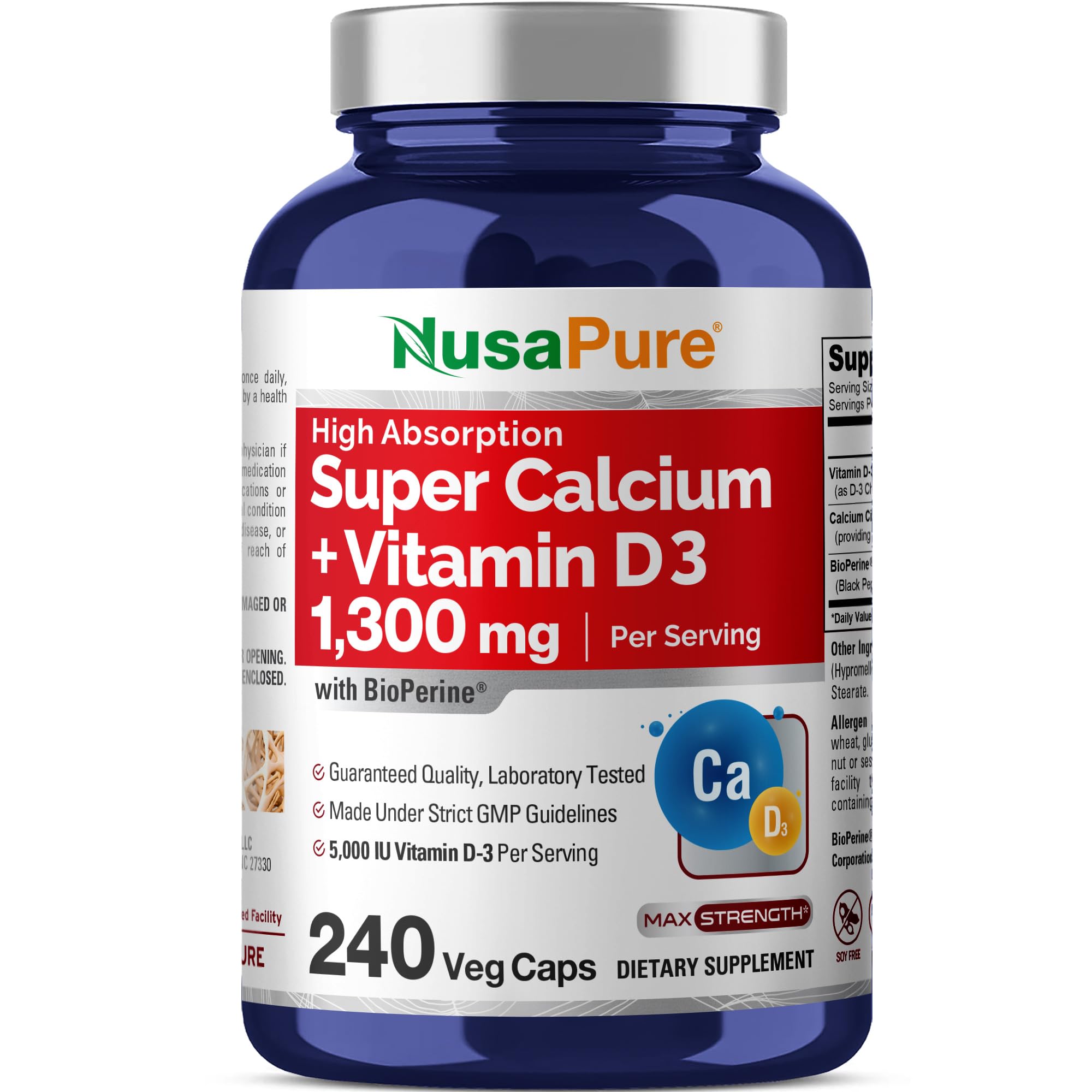 NusaPure Super Calcium with Vitamin D 3 & Calcium Citrate - Suitable for Vegetarian/Vegan, Non - GMO - 1300mg - 240 Capsules NusaPureAu supplements