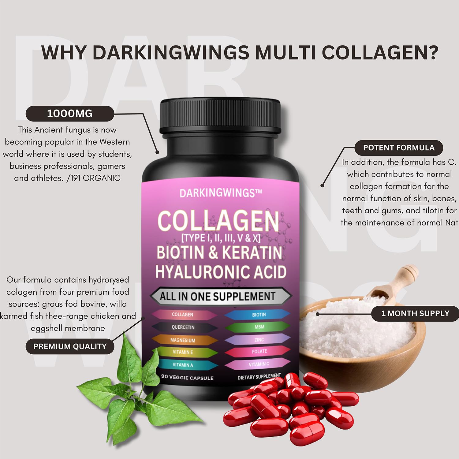 Multi Collagen Pills Peptides Types I, II, III, V & X MCG Biotin Keratin Hyaluronic Acid MSM Vitamin C Zinc Magnesium with Grape Seed Extract, Quercetin - Hair Skin and Nails Vitamins Capsule DarkingwingsAu supplements