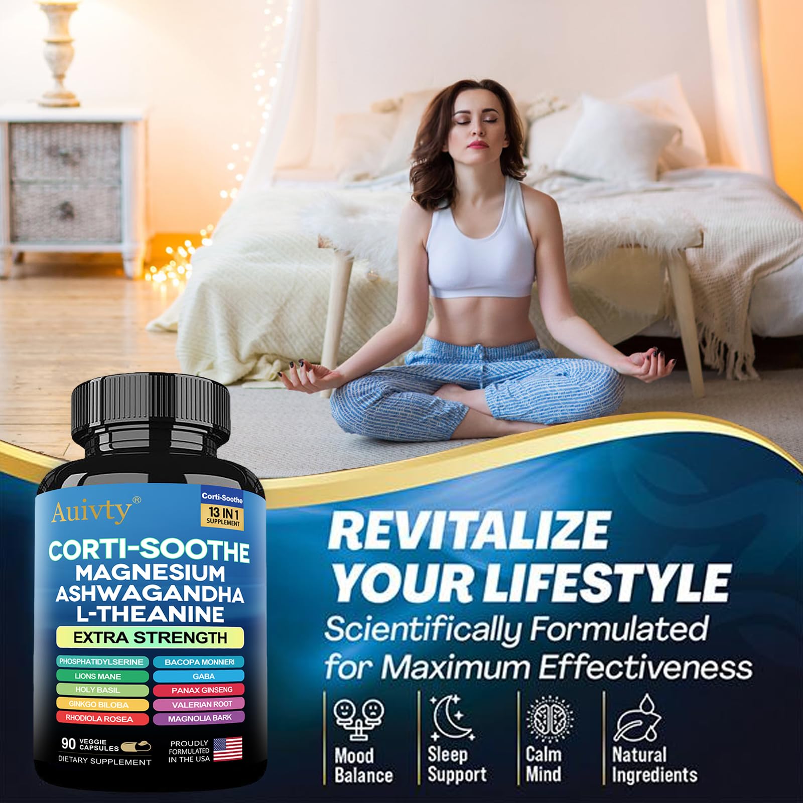 Auivty Cortisol Manager & Adrenal Support - Cortisol Reducer for Stress Relief, Calm & Sleep - 13-in-1 Adaptogen with Ashwagandha & Magnesium - 180 Capsules (2-Pack) AuivtyAu supplements